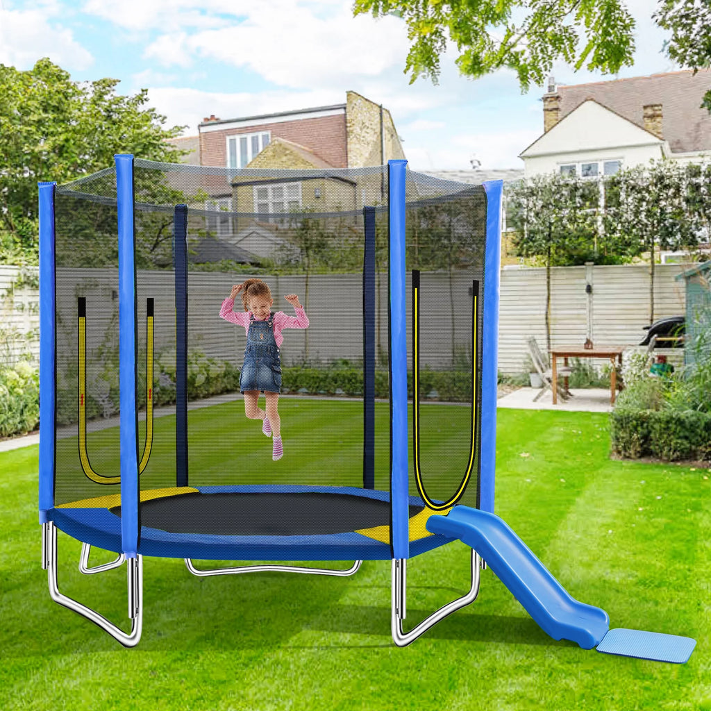EUROCO 800LBS 7FT Kids Trampoline with Safety Enclosure Net, Indoor Outdoor Trampoline with Slide,Ladder,Spring Pad,All-Weather Trampolines (Age3-12) for 3-4 Kids, Easy Assembly Round Trampoline,Blue