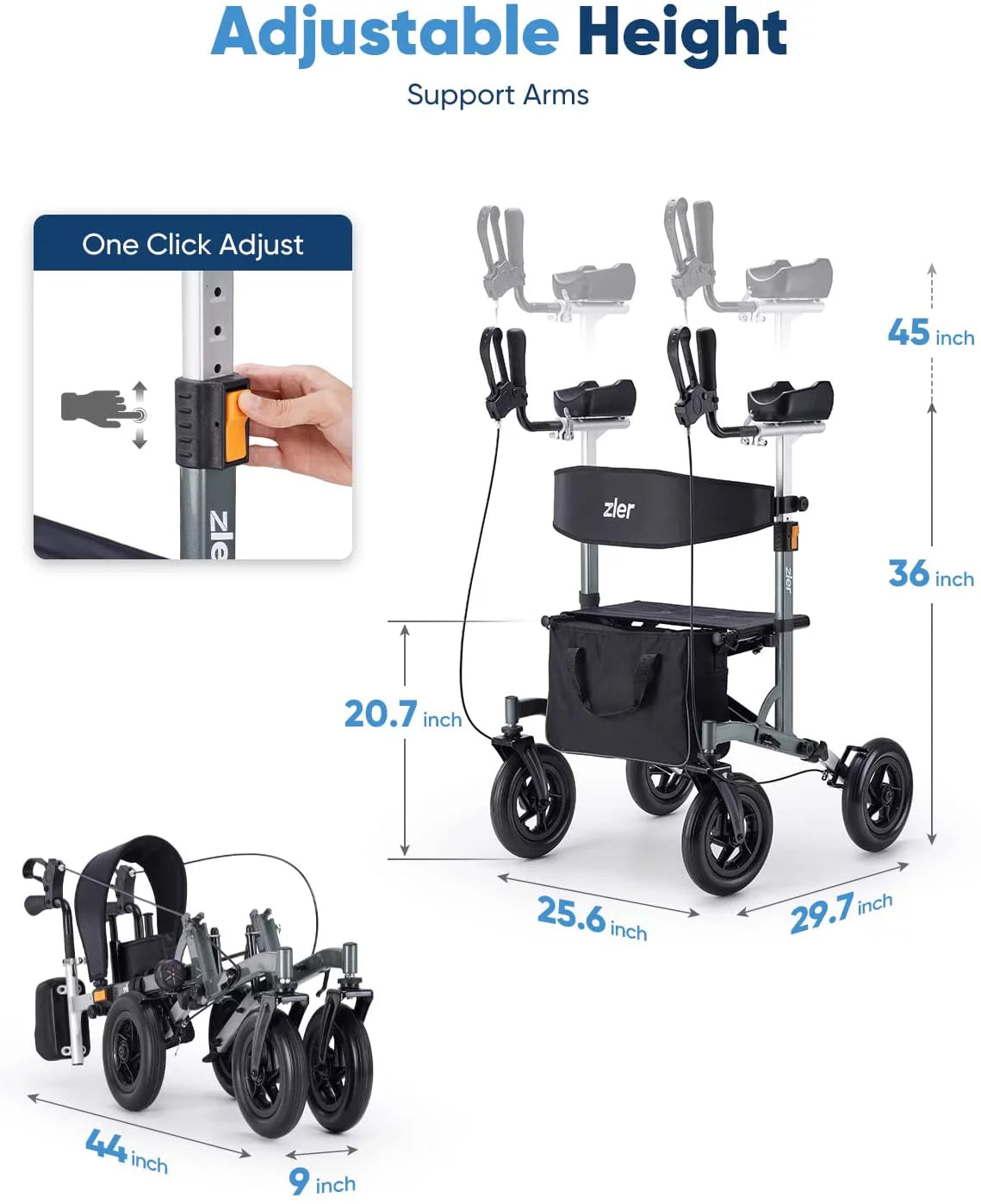 Zler Upright Walker - 300lbs Stand-Up Rollator Walker for Senior with Seat and Armrest, Stand Straight Walker with Arm Support, Rolling Mobility Walking Aid with 10” Wheels for All Terrain