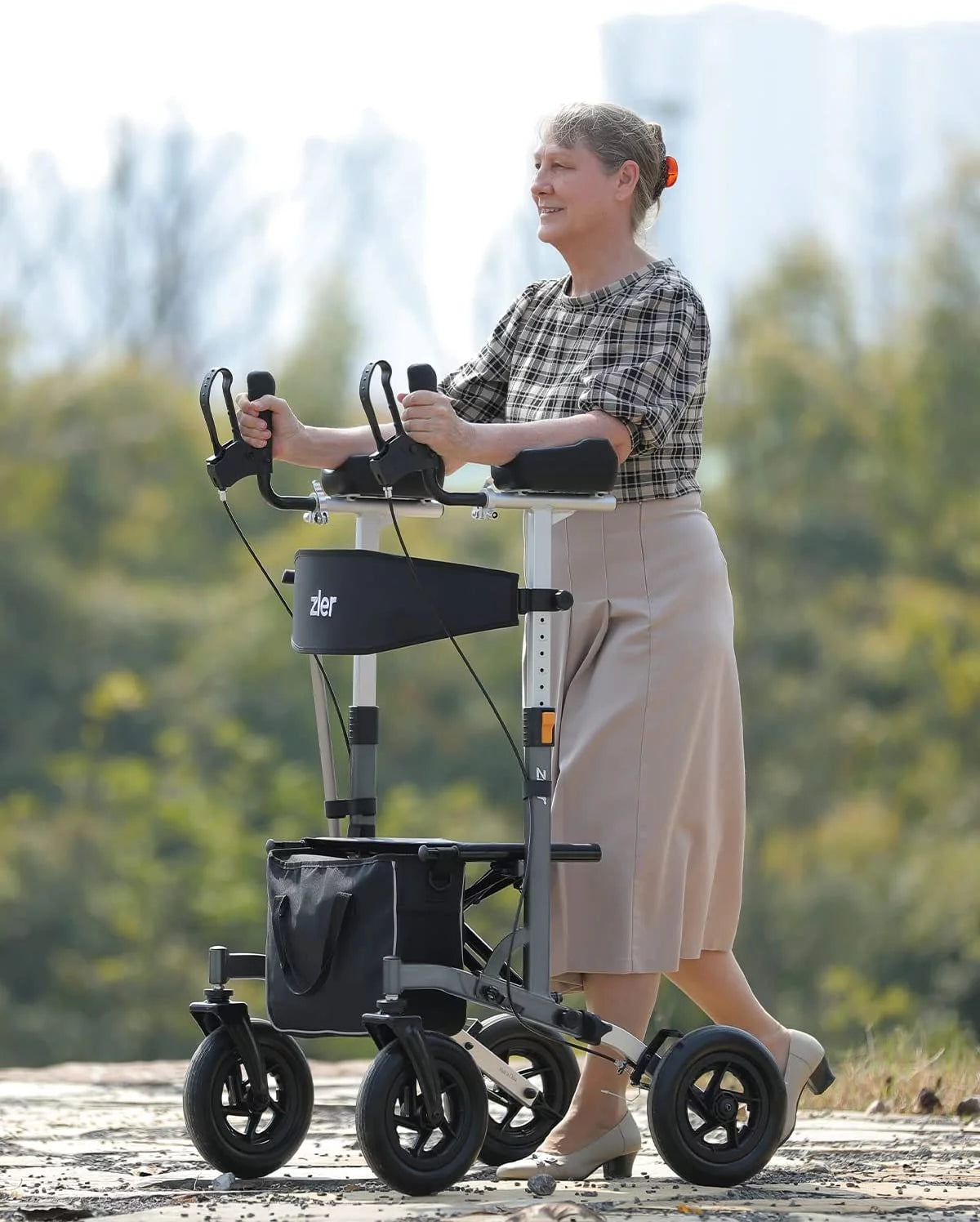 Zler Upright Walker - 300lbs Stand-Up Rollator Walker for Senior with Seat and Armrest, Stand Straight Walker with Arm Support, Rolling Mobility Walking Aid with 10” Wheels for All Terrain