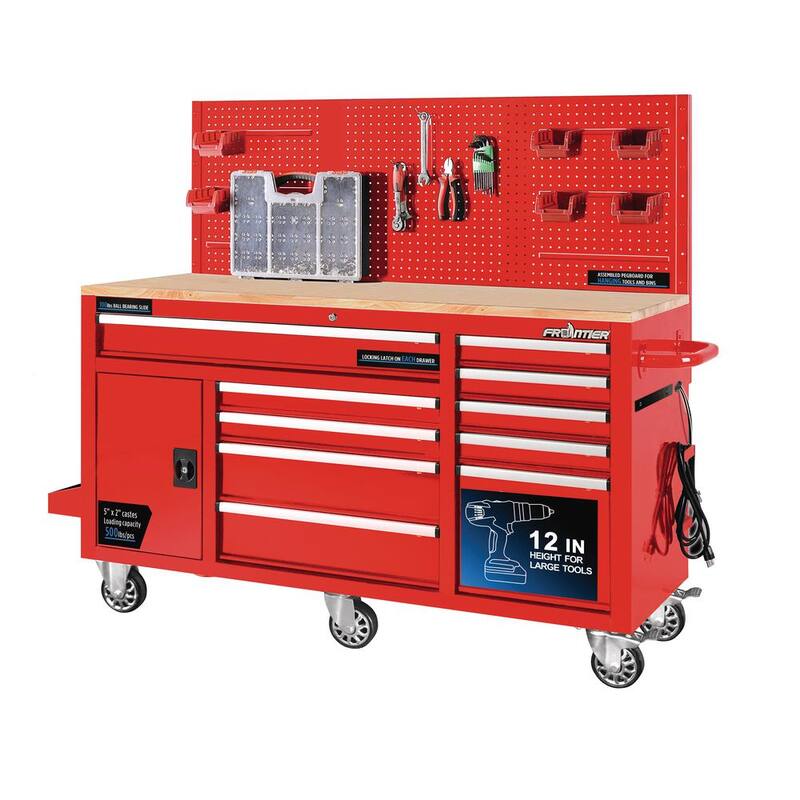 Heavy-Duty 62 in. 10-Drawer Red Tool Chest Mobile Workbench Cabinet with Pegboard Back Wall
