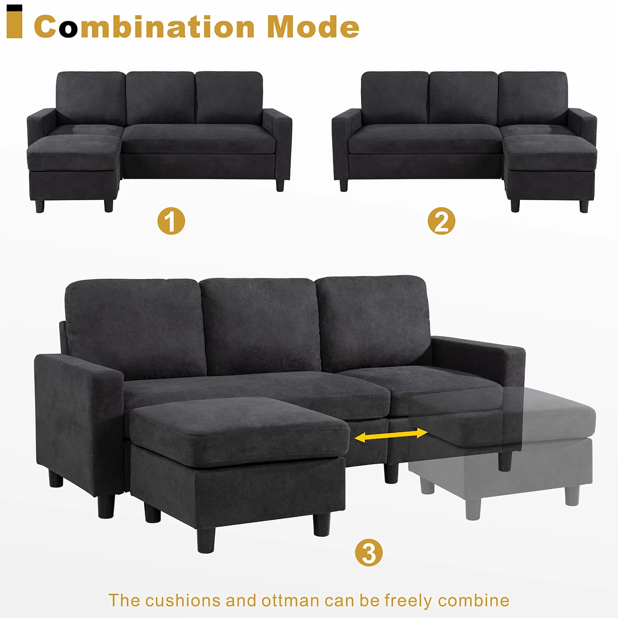 Walsunny Linen Fabric Convertible L-Shaped Sectional Sofa(Dark Gray)