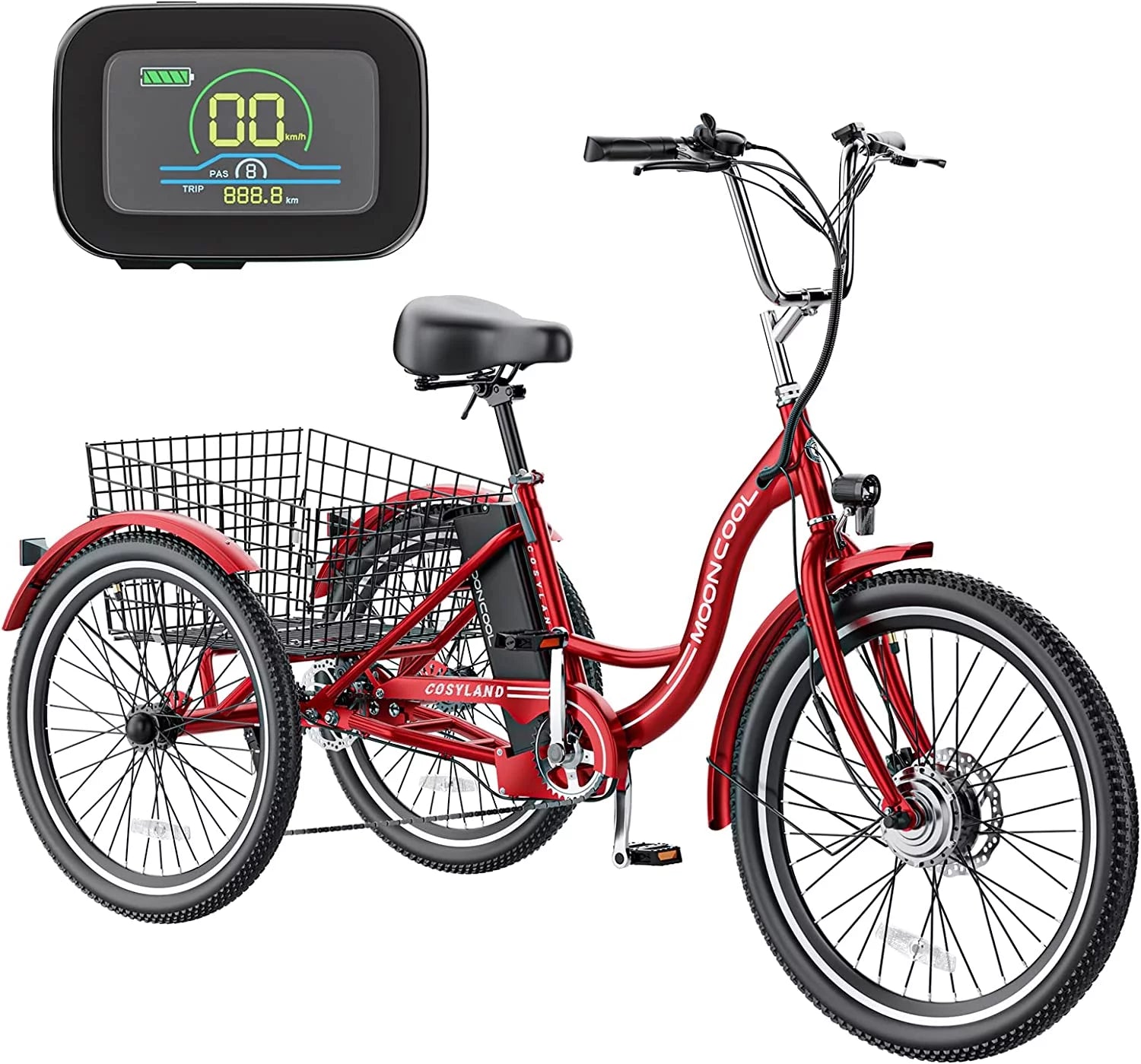 MOONCOOL 24"/26" Electric Tricycle for Adults, 350W 36V 7 Speeds Electric Trike Motorized Three Wheel Electric Bikes Bicycle with Large Basket for Women Men