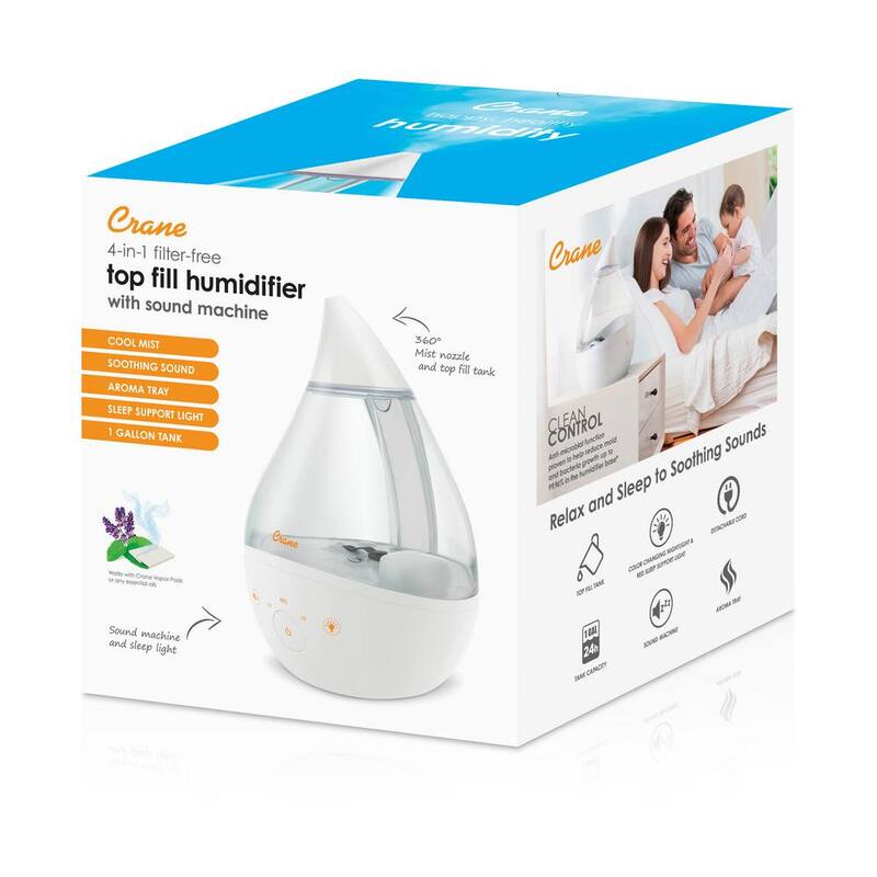 1 Gal. Top Fill Drop Cool Mist Humidifier with Sound Machine for Medium to Large Rooms up to 500 sq. ft. - Clear/White