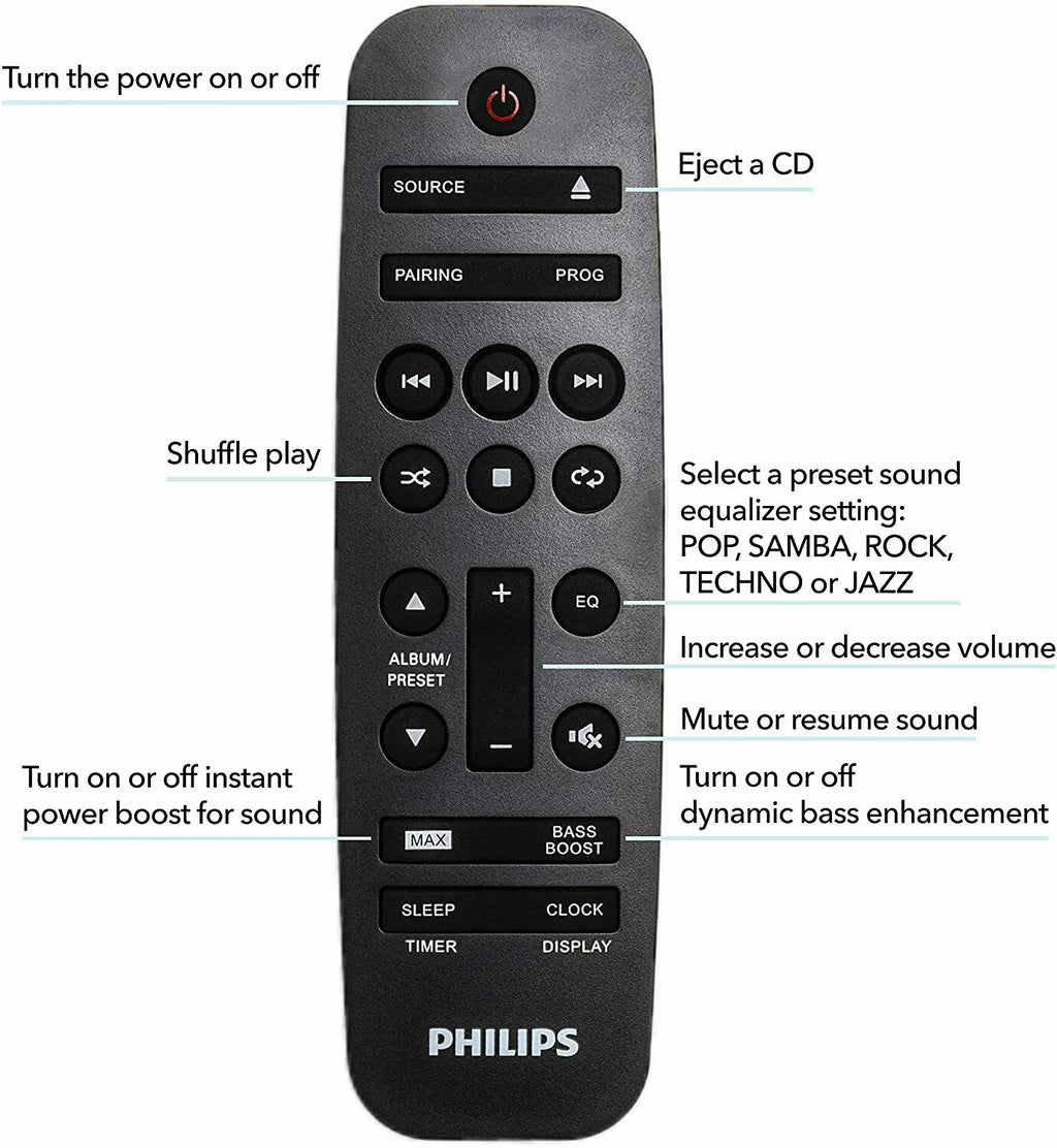 Philips Bluetooth USB Stereo System with CD Player, MP3 Player, Remote Control Wireless Boombox, FX10