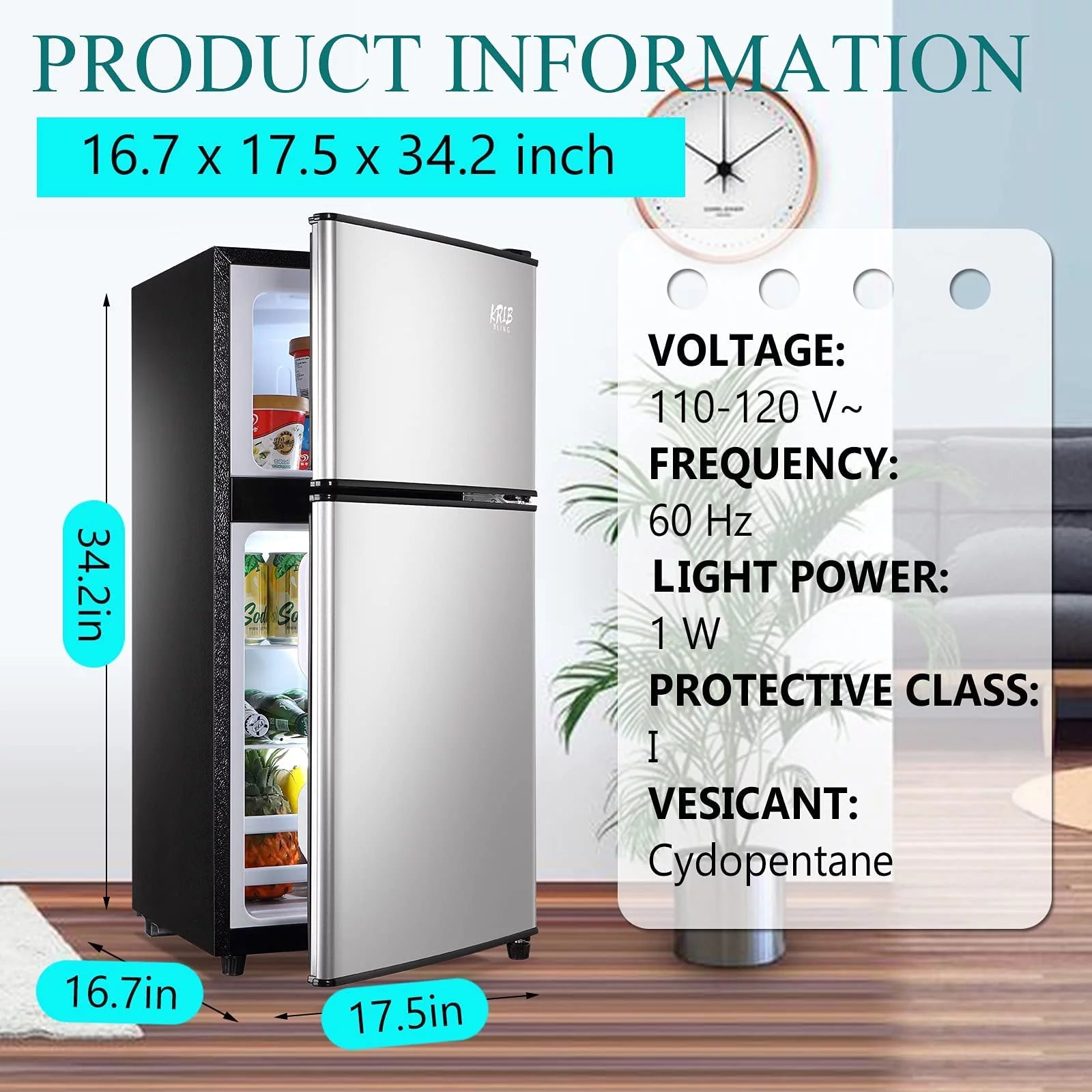 KRIB BLING 3.5 Cu.ft Compact Refrigerator Mini Fridge with Freezer, 2 Door Small Refrigerator for Office, Silver