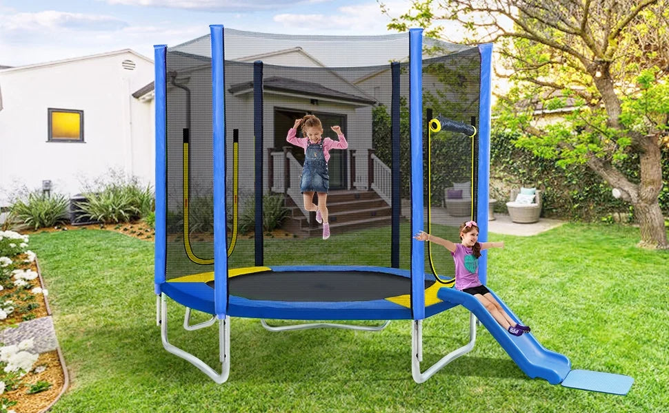 EUROCO 800LBS 7FT Kids Trampoline with Safety Enclosure Net, Indoor Outdoor Trampoline with Slide,Ladder,Spring Pad,All-Weather Trampolines (Age3-12) for 3-4 Kids, Easy Assembly Round Trampoline,Blue