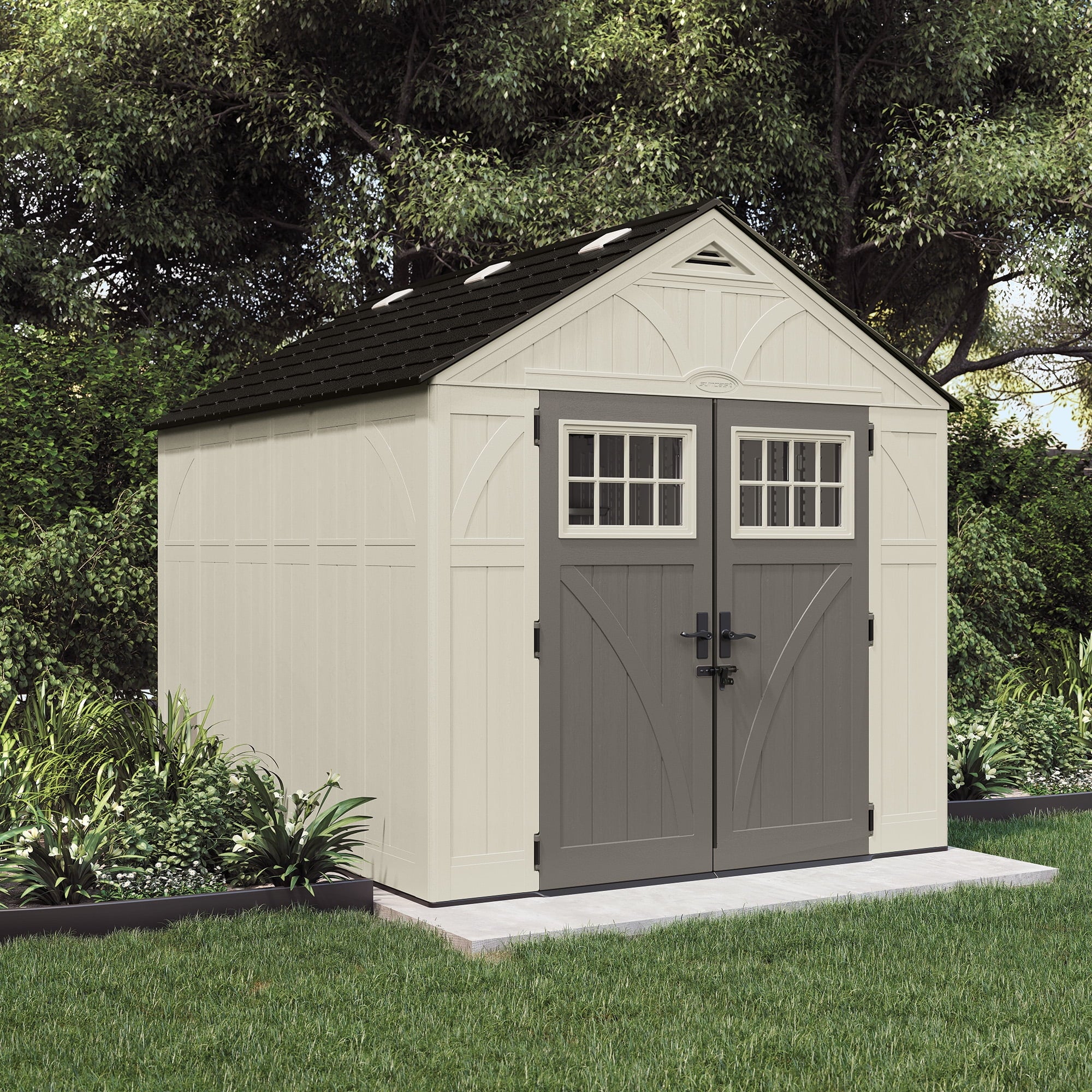 Suncast Metal and Resin Storage Shed, Vanilla, 122.25 in D x 103 in H x 100.5 in W