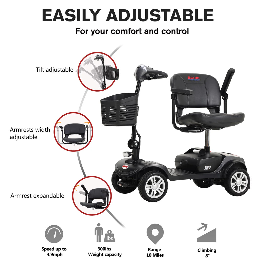 Long Range Foldable 4 Wheels Mobility Scooter with Basket & Headlight, Powered Mobility Scooters for Seniors and Adults, Metallic Gray