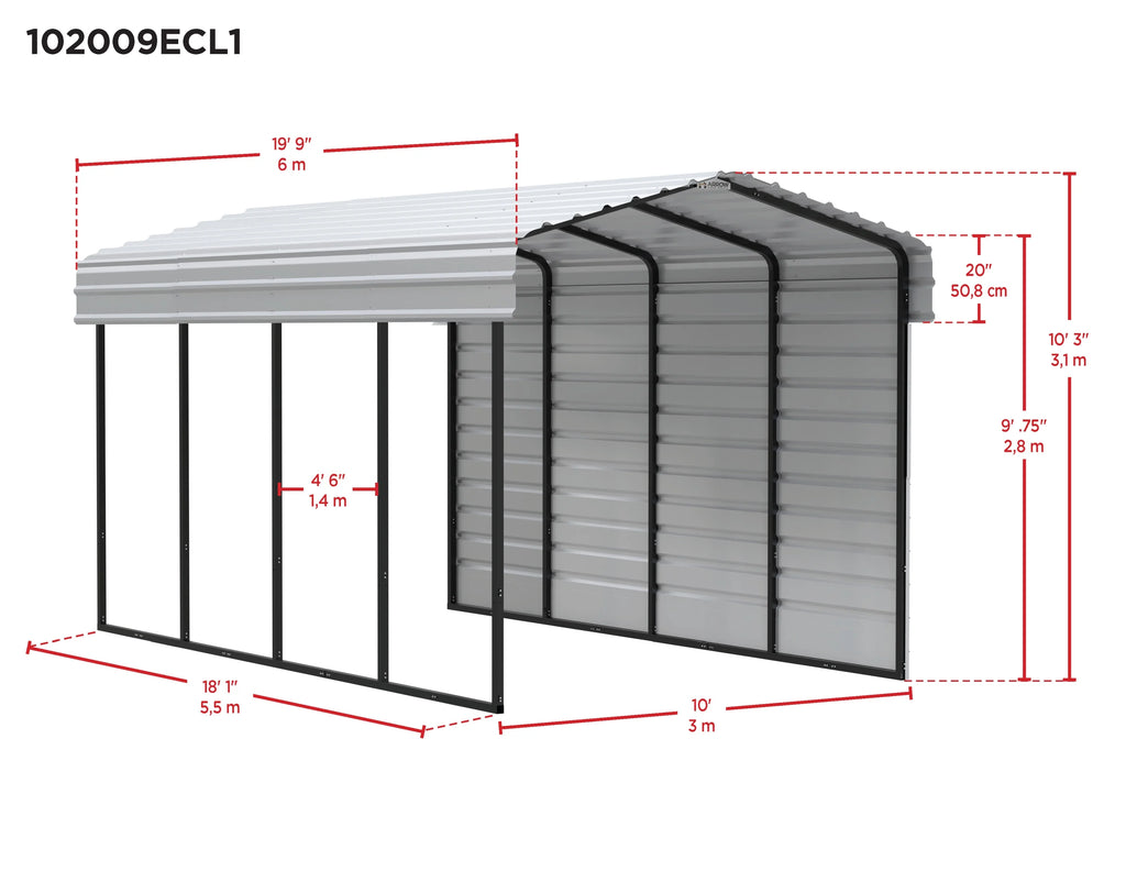 Arrow Carports Galvanized Steel Carport, with 1-Sided Enclosure, Compact Car Metal Carport Kit, 10' x 20' x 9' , Charcoal