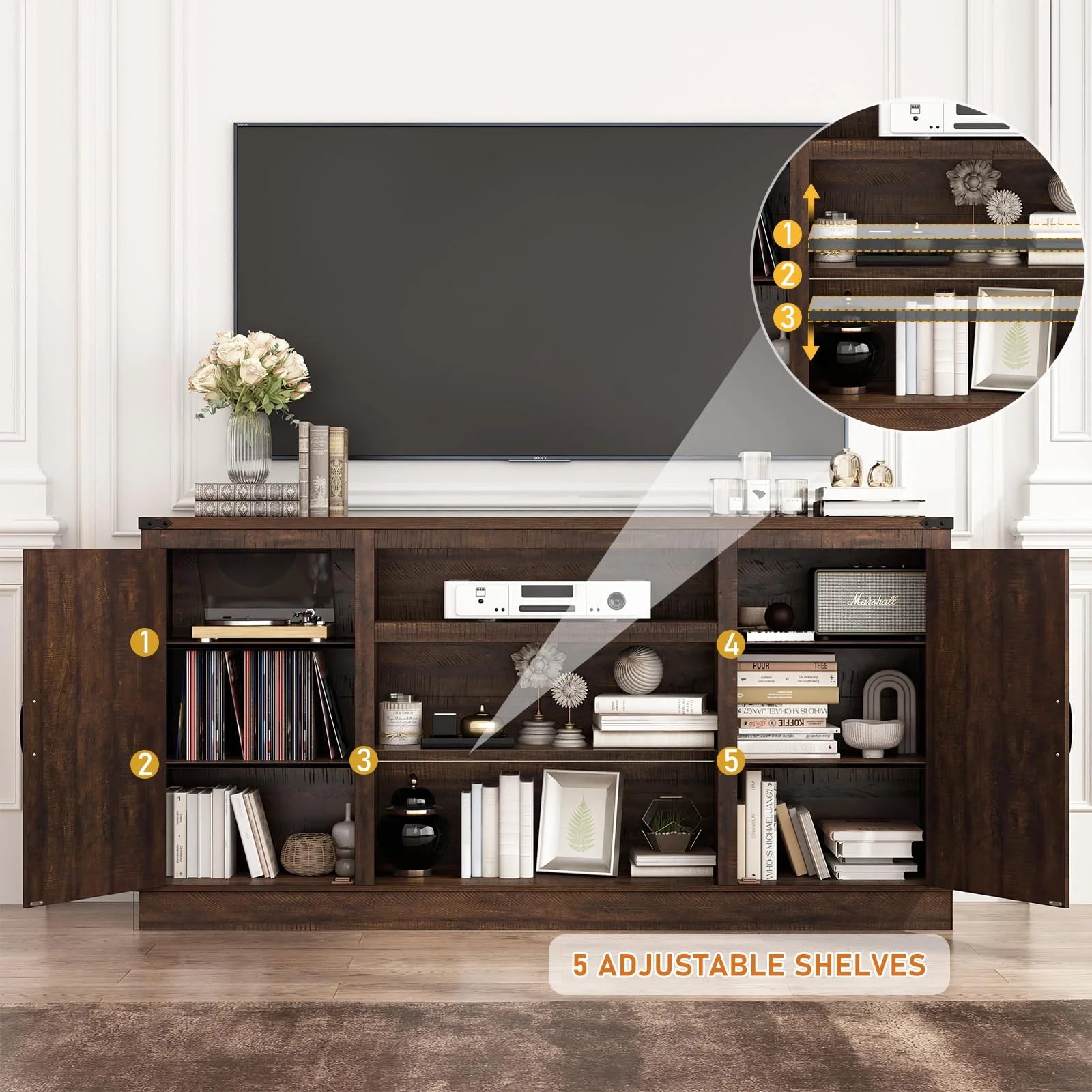 4 Layer Farmhouse Coffee Bar Cabinet With Power Outlet & LED Light, 57" Barn Door Buffet Cabinet Kitchen Storage With Adjustable Shelves(Brown)