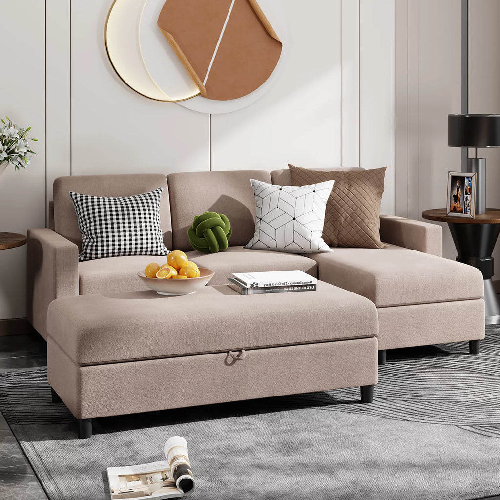 Walsunny Linen Fabric Convertible L-Shaped Sectional Sofa(Dark Gray)