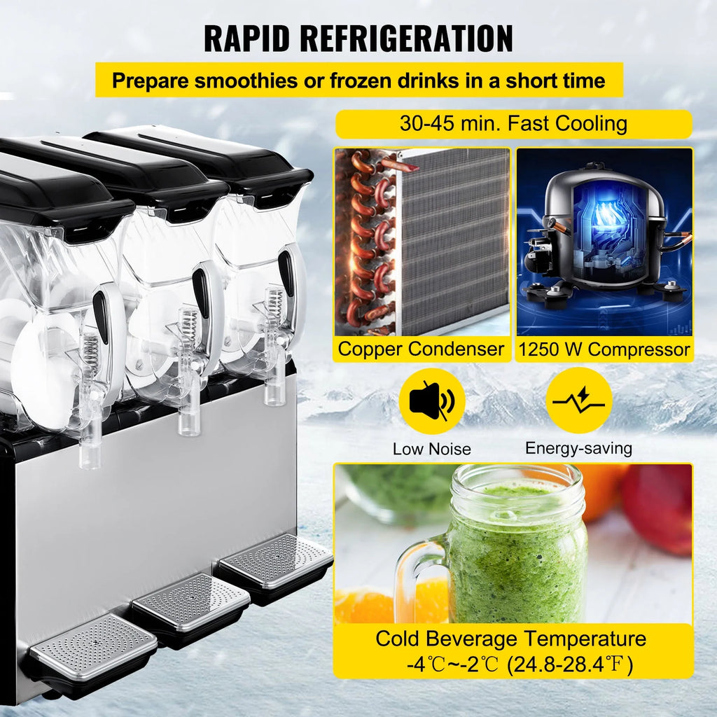 VEVORbrand 110V Commercial Slushy Machine 10L x 3 Tank Frozen Drink Machine 1250W Commercial Margarita Machine Stainless Steel Suitable, Silver