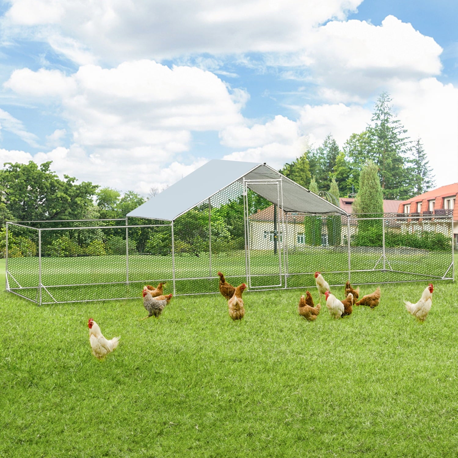 YODOLLA 148 Sq.Ft Chicken Coop Run Large Dome Walk-in Metal Chicken Cage with Chain Link Fence, Suitable for 10 More Chickens and Poultry Like Ducks, Rabbites, Dogs