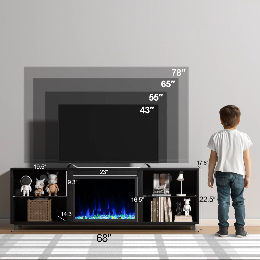 Oneinmil 68'' Fireplace TV Stand for 75'' TV, with 23" Electric Fireplace, LED Light Entertainment Center, White
