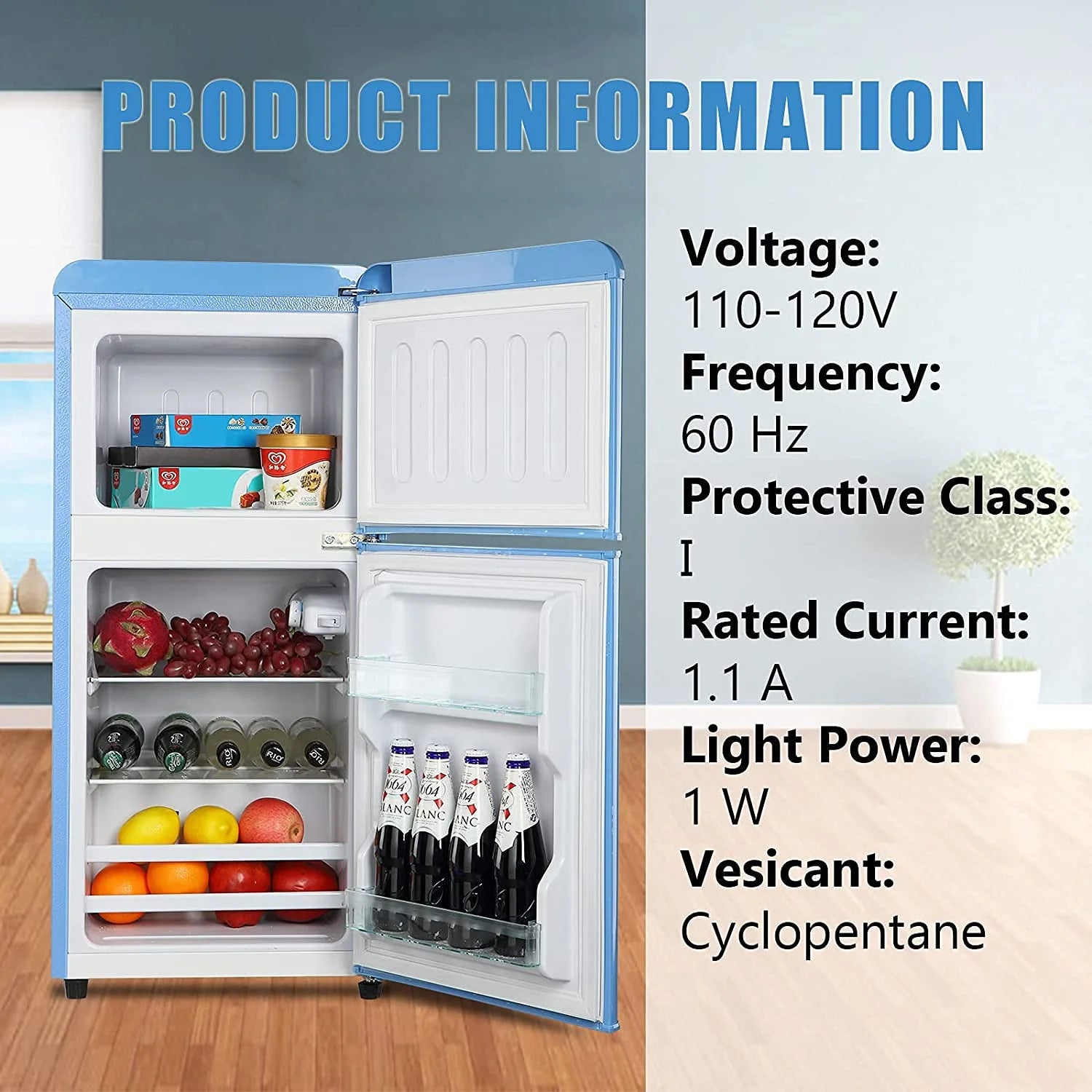 Krib Bling 3.5 cu.ft Compact Refrigerator, Retro Mini Fridge with Freezer, Small Drink Chiller with 2 Door, Blue