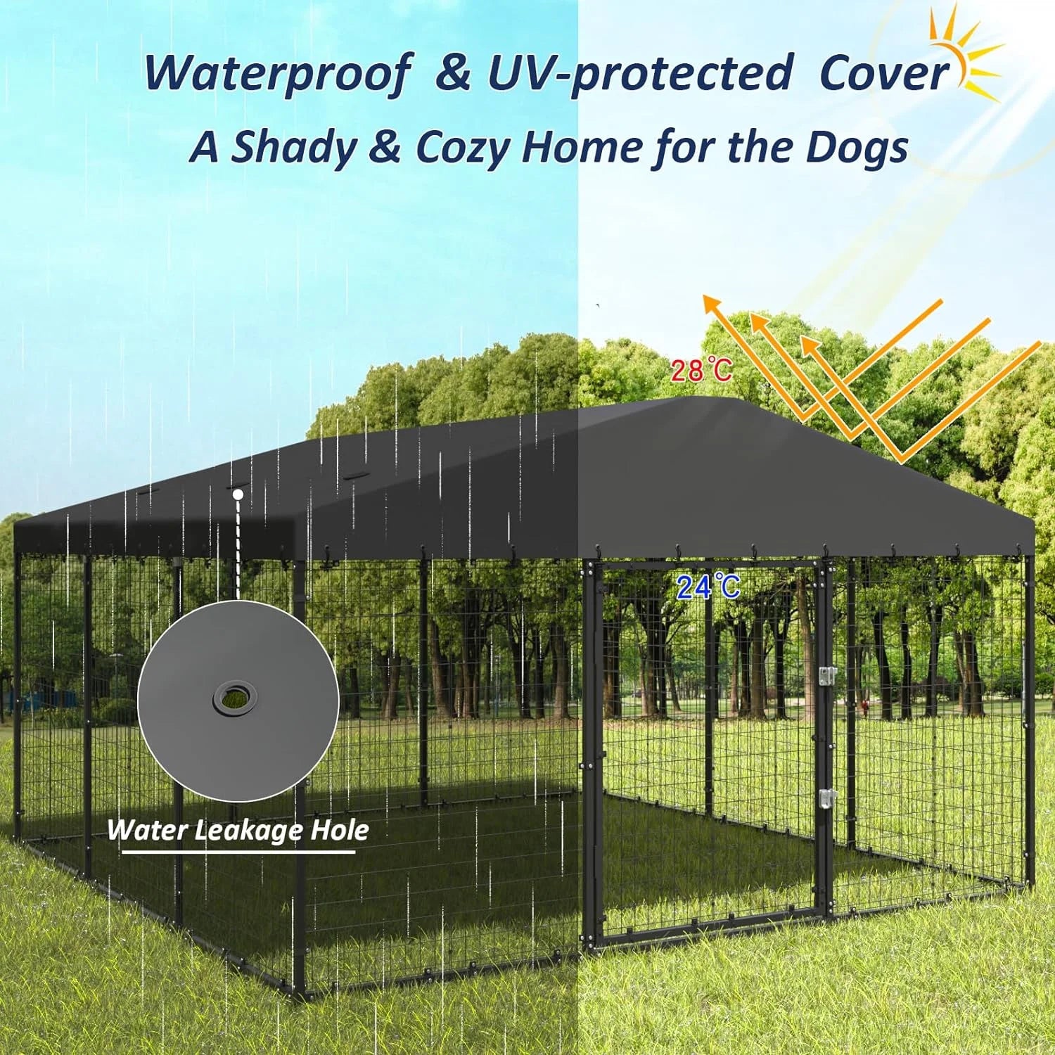 Kullavik Large Dog Kennel Outdoor with Waterproof Roof Cover, Dog Cage Heavy Duty Dog Enclosures w/Upgraded Metal Mesh and Door Locks