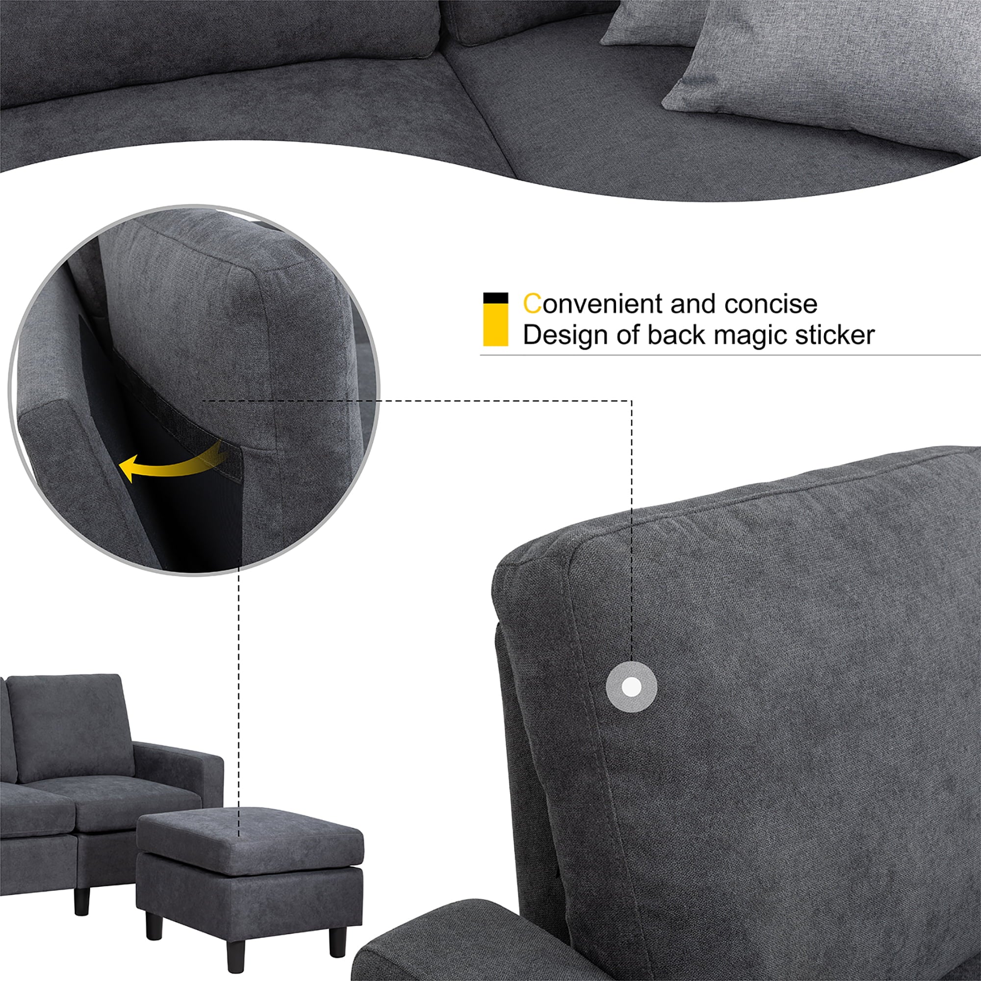 Walsunny Linen Fabric Convertible L-Shaped Sectional Sofa(Dark Gray)