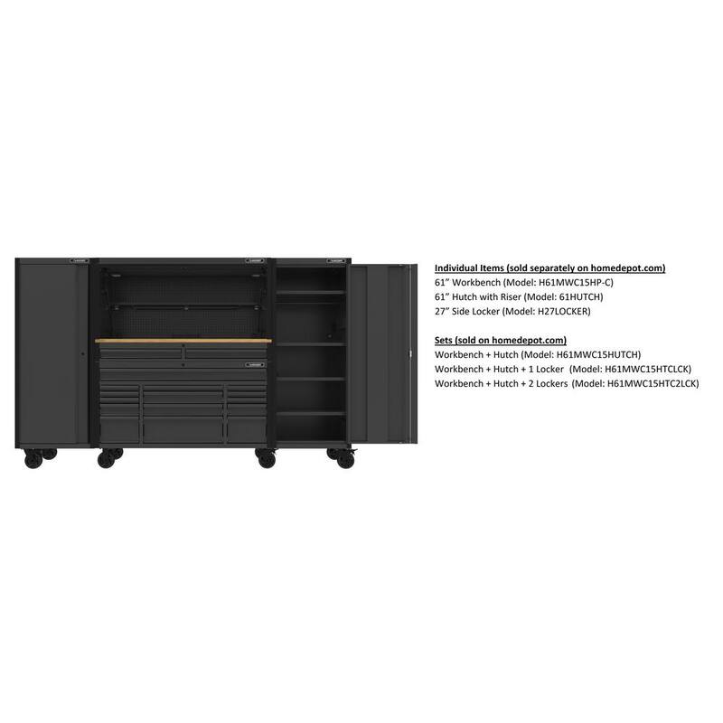 61 in. W x 23 in. D Heavy Duty 15-Drawer Mobile Workbench Tool Chest with Solid Wood Top in Matte Black