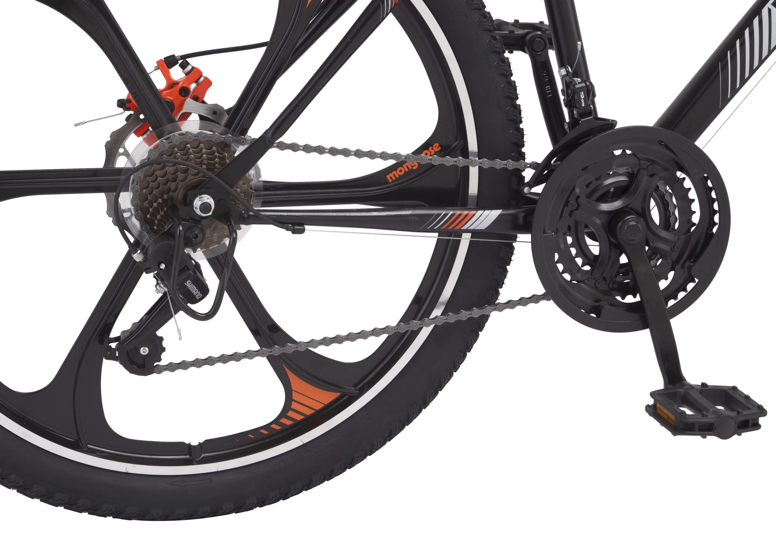 Mongoose Mack Mag Wheel Mountain Bike, 26" Wheels, 21 Speeds Shimano Revo Twist Shifters, Men's Frame, Orange & White On Black