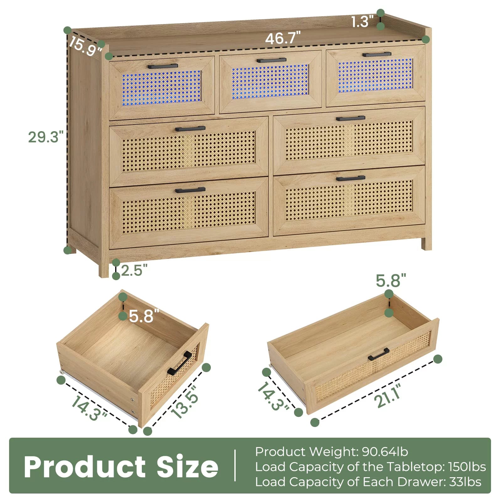 7 Drawer Dressers with LED Light, Natural Rattan Dresser for Bedroom, Hallway, Entryway