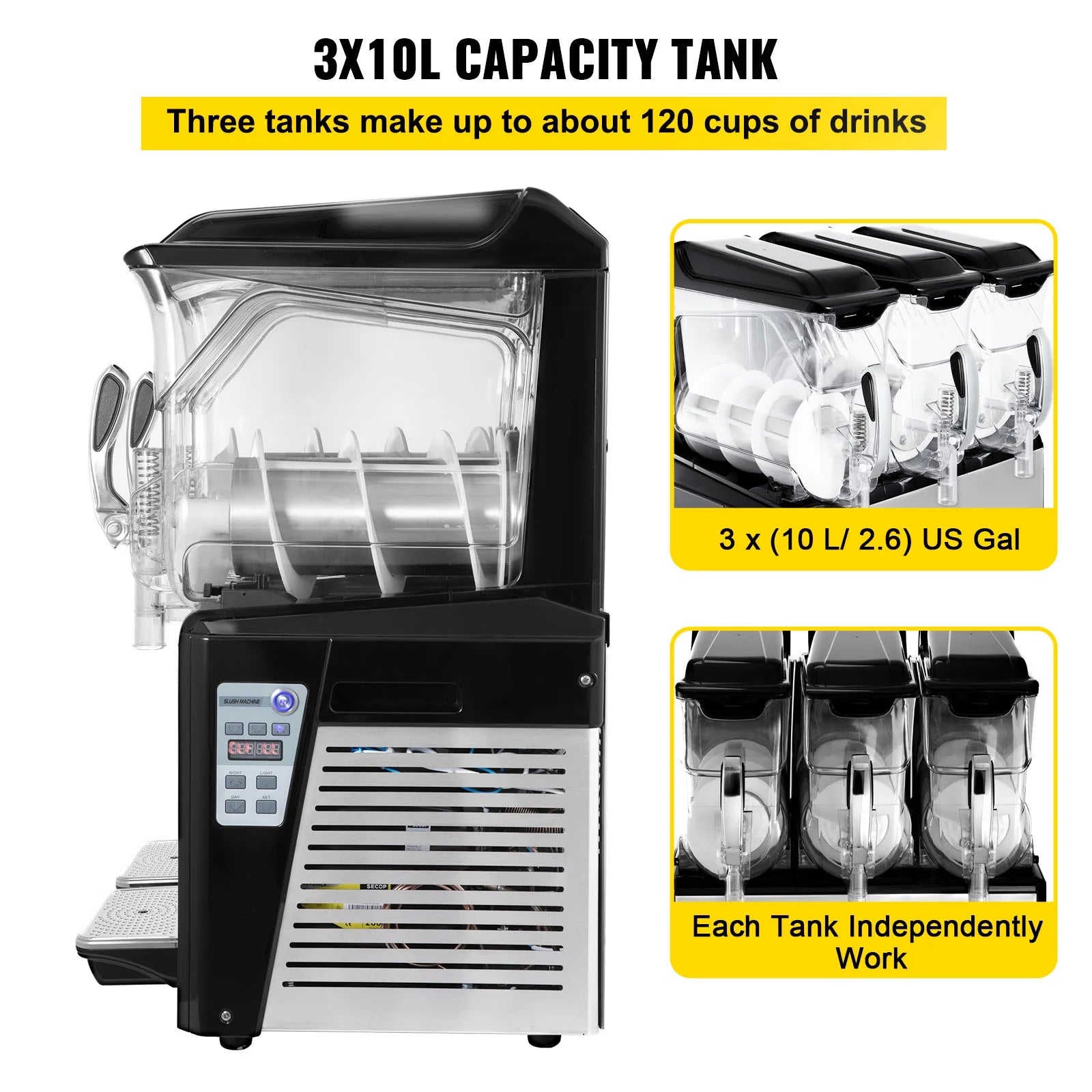 VEVORbrand 110V Commercial Slushy Machine 10L x 3 Tank Frozen Drink Machine 1250W Commercial Margarita Machine Stainless Steel Suitable, Silver