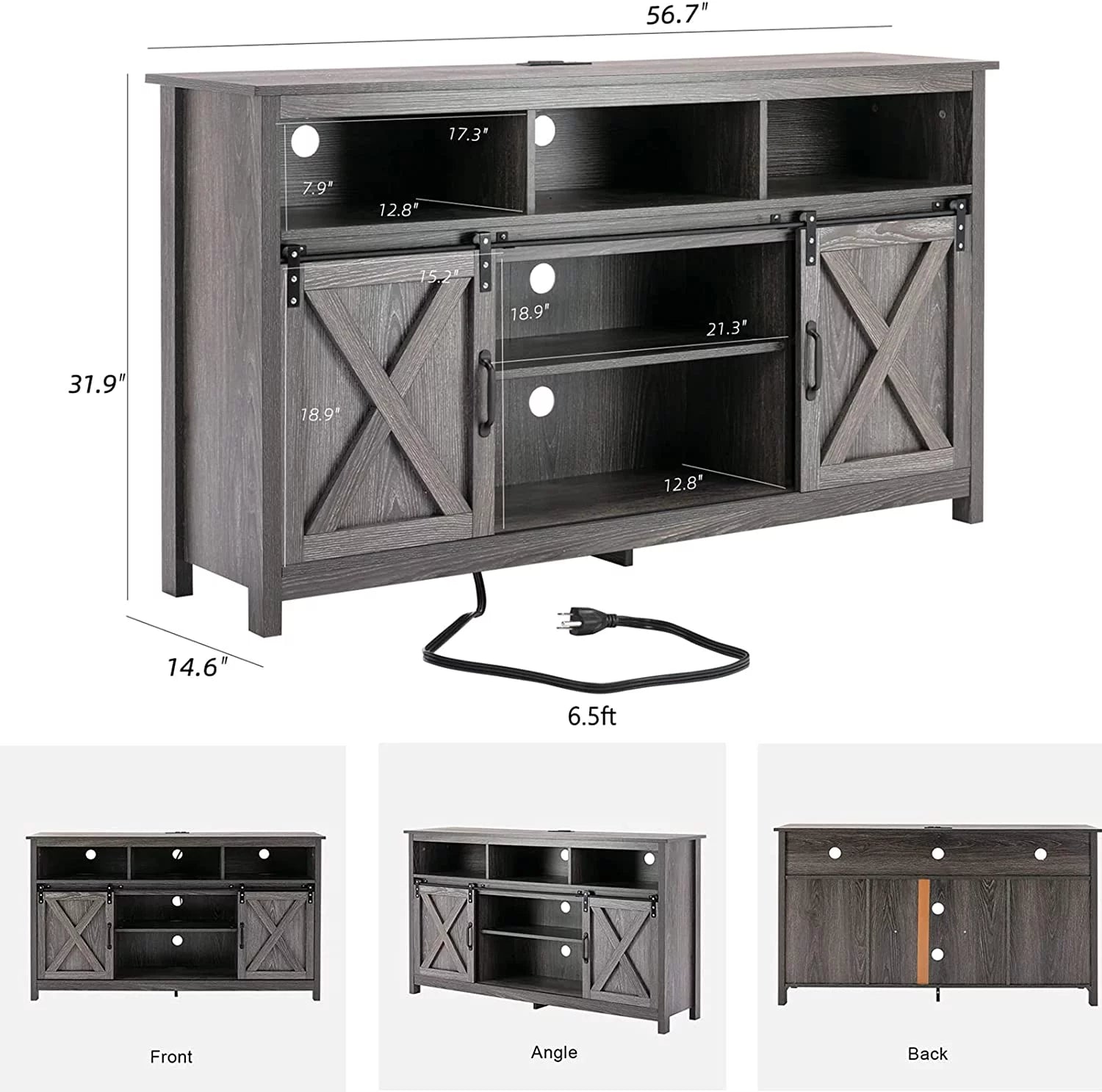 4 Layer Farmhouse Coffee Bar Cabinet With Power Outlet & LED Light, 57" Barn Door Buffet Cabinet Kitchen Storage With Adjustable Shelves(Brown)