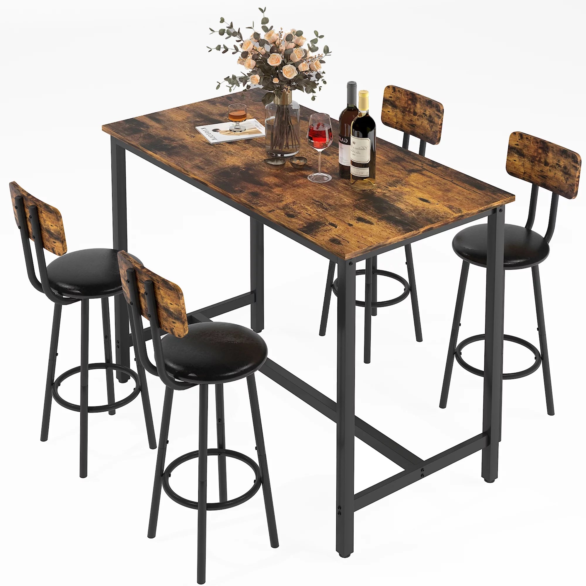 5 Piece Bar Table Set, Modern Counter Height Dining Set, Home Dining Table and Chairs Set for 4, Kitchen Breakfast Table Set with 4 Cushioned Stools, Bistro Pub Table Set, Rustic Brown