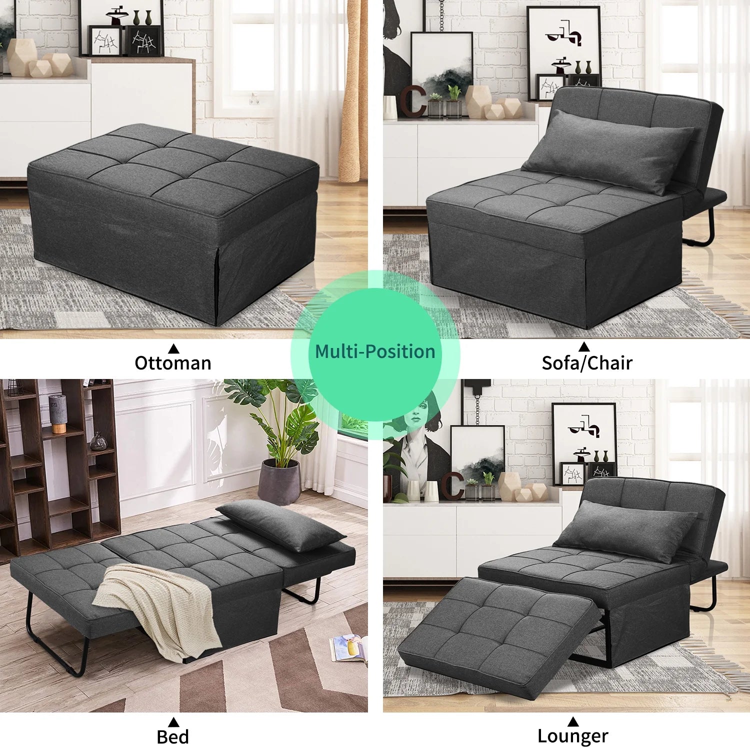Ainfox Ottoman Chair Lounger Bed .4 in 1 Breathable Linen Convertible Single Sofa Couch, 73.23''L x 33.86''W(Dark Blue)
