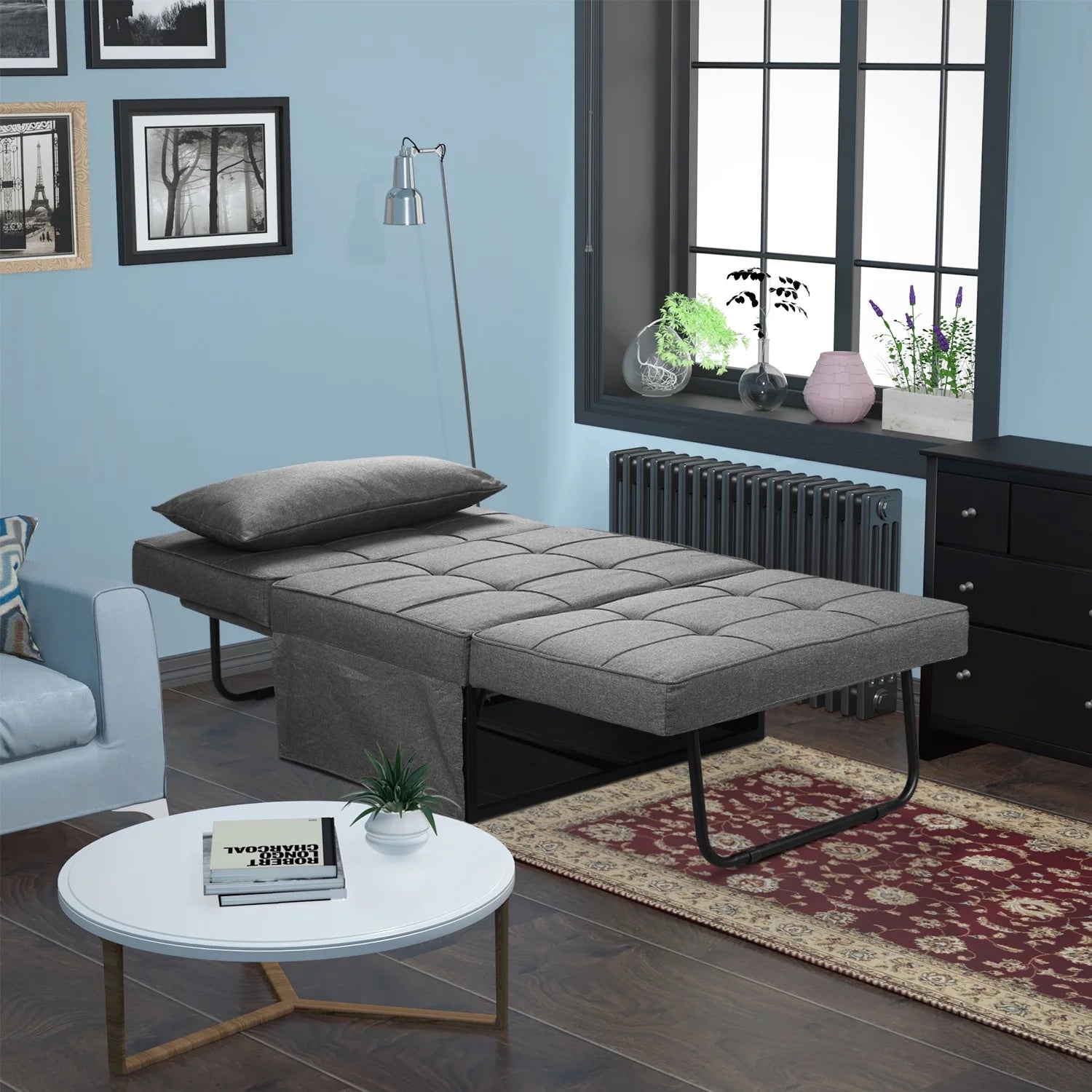 Ainfox Ottoman Chair Lounger Bed .4 in 1 Breathable Linen Convertible Single Sofa Couch, 73.23''L x 33.86''W(Dark Blue)