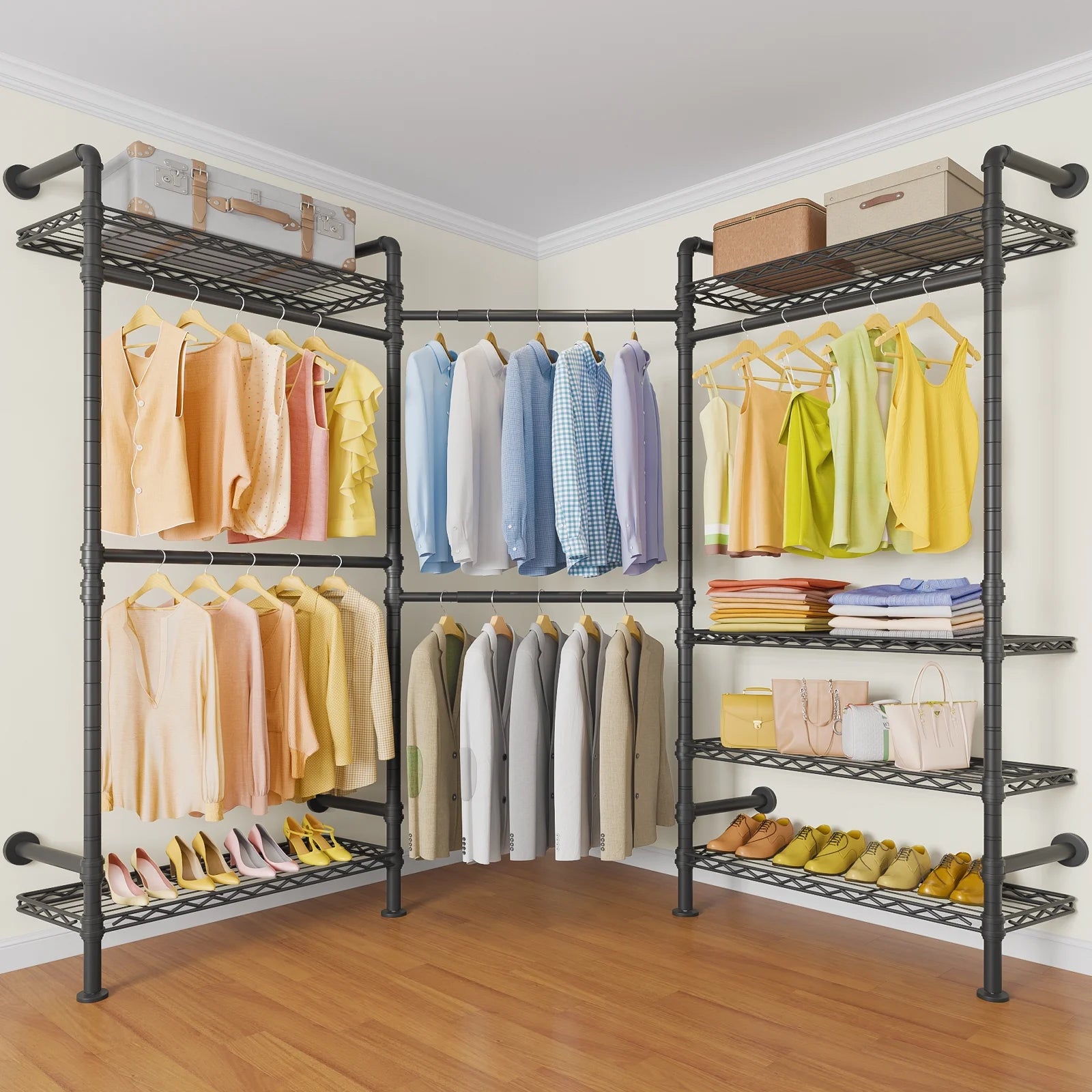 Timate L3 L Shape Garment Rack Heavy Duty Clothes Rack, Industrial Pipe Wall Mounted Clothing Rack Storage Closet Kit, Black