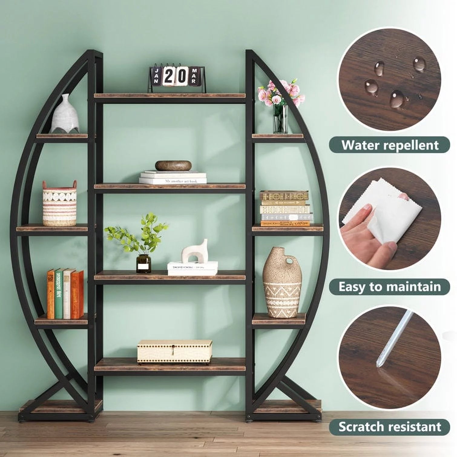 Tribesigns Bookshelf, Oval Triple Wide 5 Tiers Etagere Bookcases, Industrial Display Shelves for Living Room, Rustic Brown