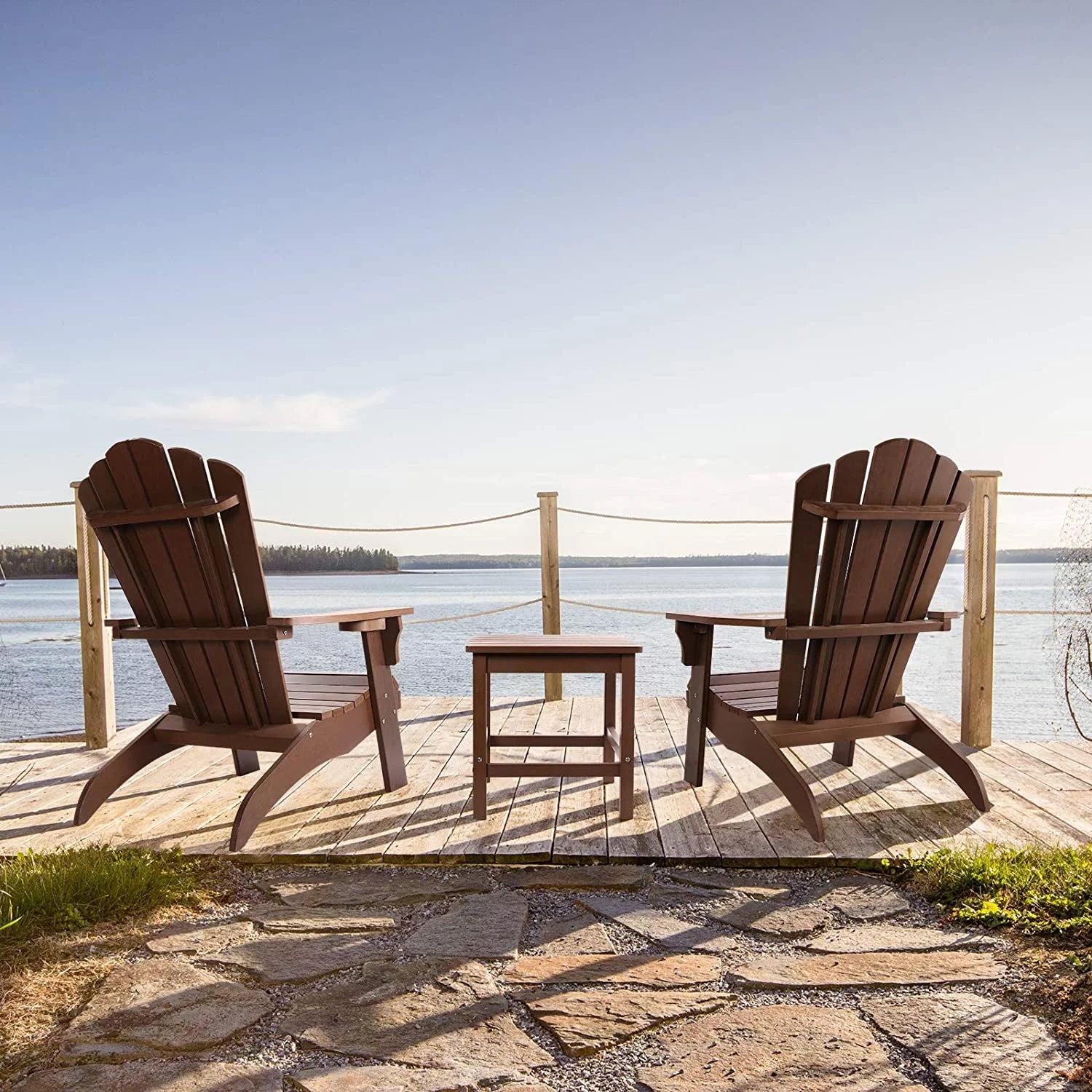 Qomotop Ploy Lumber Adirondack Chair with Cup Holder, Fade-Resistant Outdoor Seating with 350lbs Duty Rating, All-Weather Patio Chair for Garden,Brown