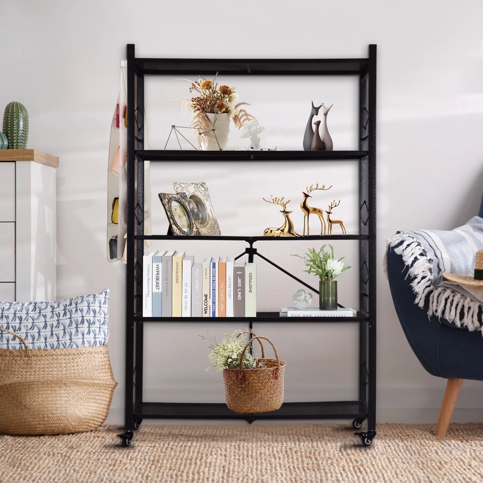 Grezone Two Set 5 Tier Foldable Shelves Metal Storage Shelves with Wheels - No Assembly Adult Group