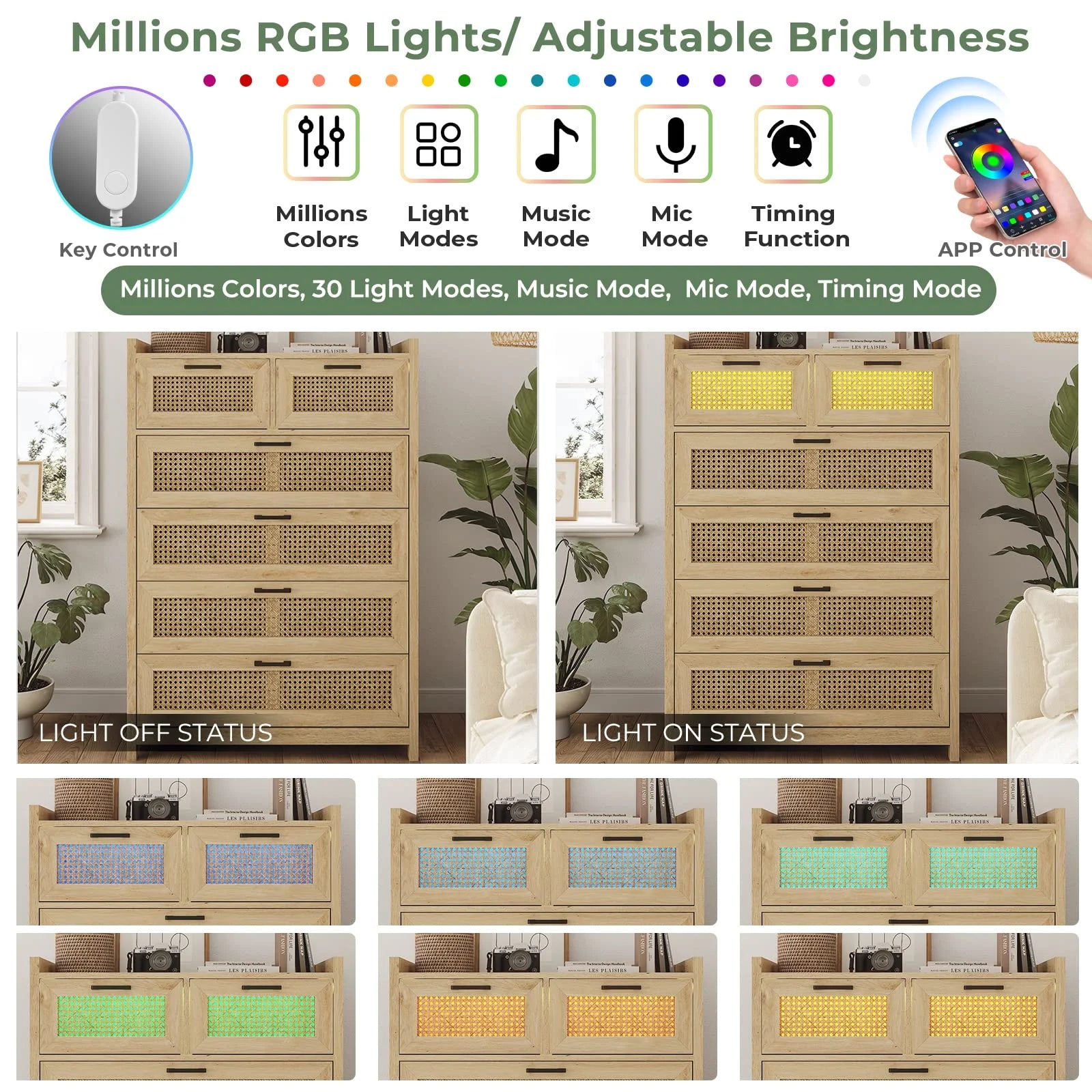 7 Drawer Dressers with LED Light, Natural Rattan Dresser for Bedroom, Hallway, Entryway