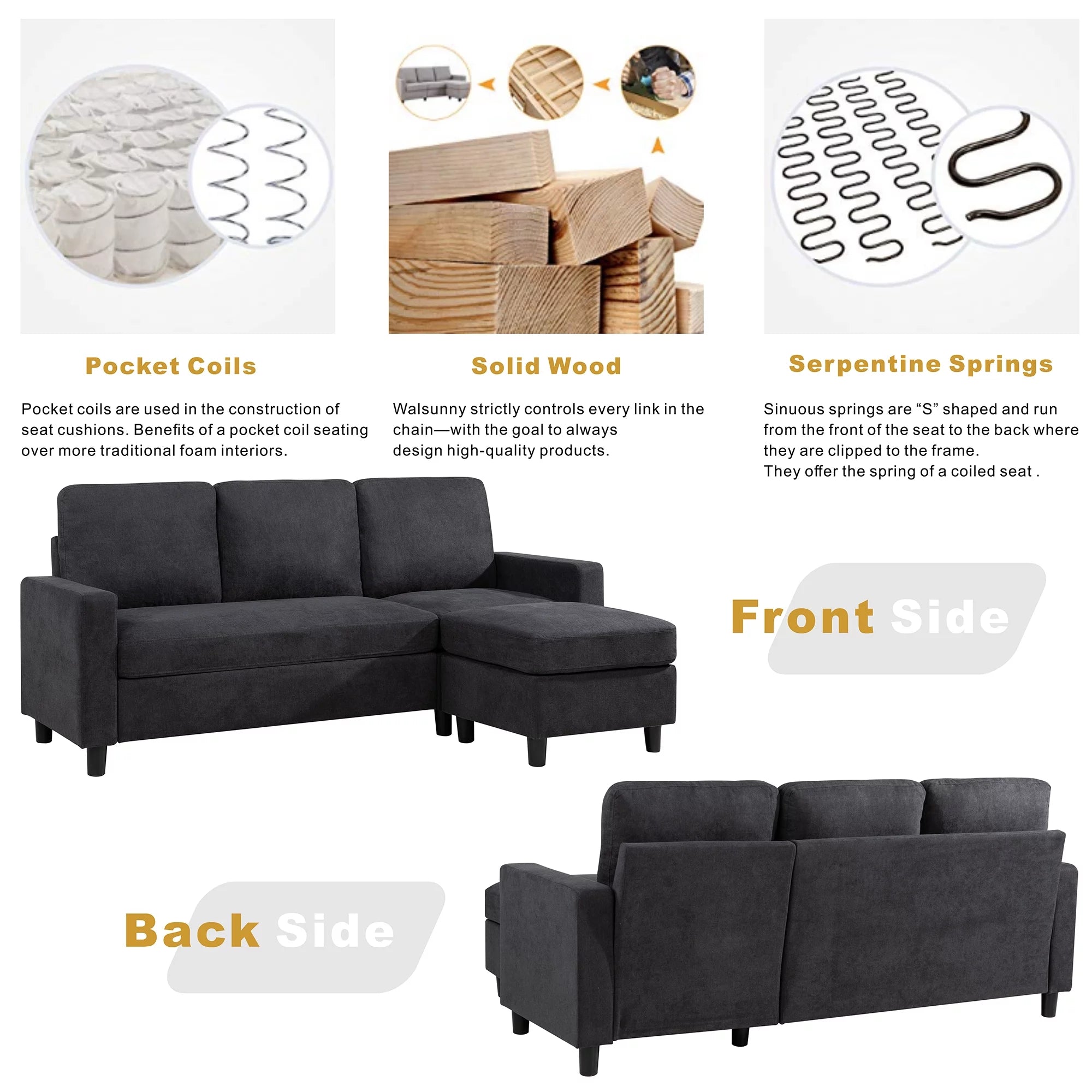 Walsunny Linen Fabric Convertible L-Shaped Sectional Sofa(Dark Gray)