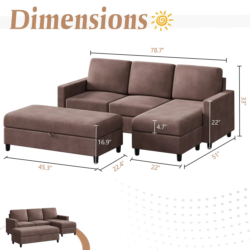 Walsunny Linen Fabric Convertible L-Shaped Sectional Sofa(Dark Gray)