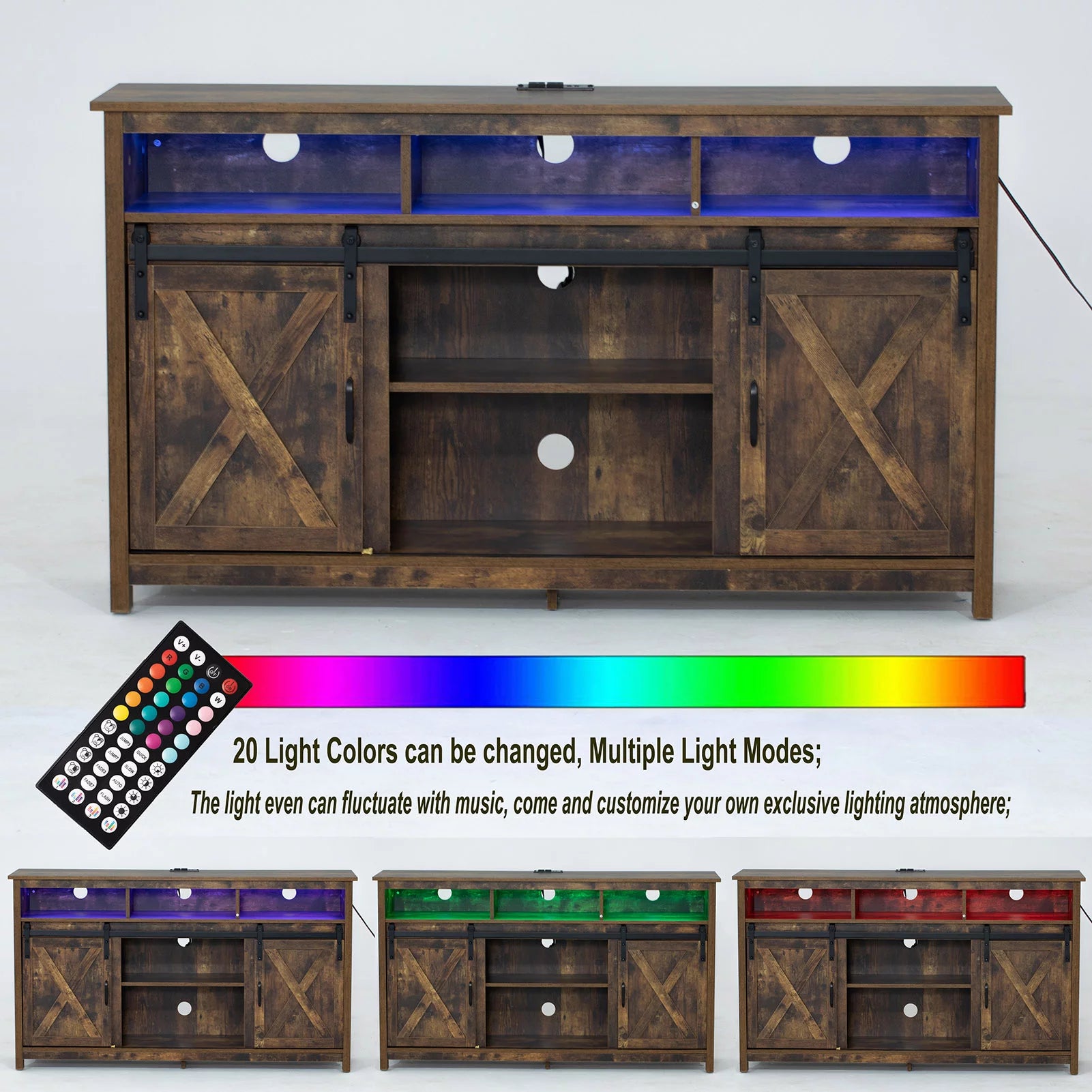 4 Layer Farmhouse Coffee Bar Cabinet With Power Outlet & LED Light, 57" Barn Door Buffet Cabinet Kitchen Storage With Adjustable Shelves(Brown)