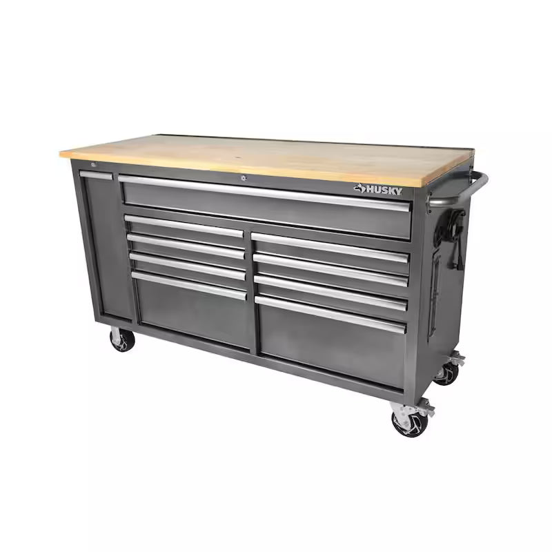 61 in. W x 24 in. D Standard Duty 10-Drawer Mobile Workbench Tool Chest with Sliding Bin Storage Drawer in Silver