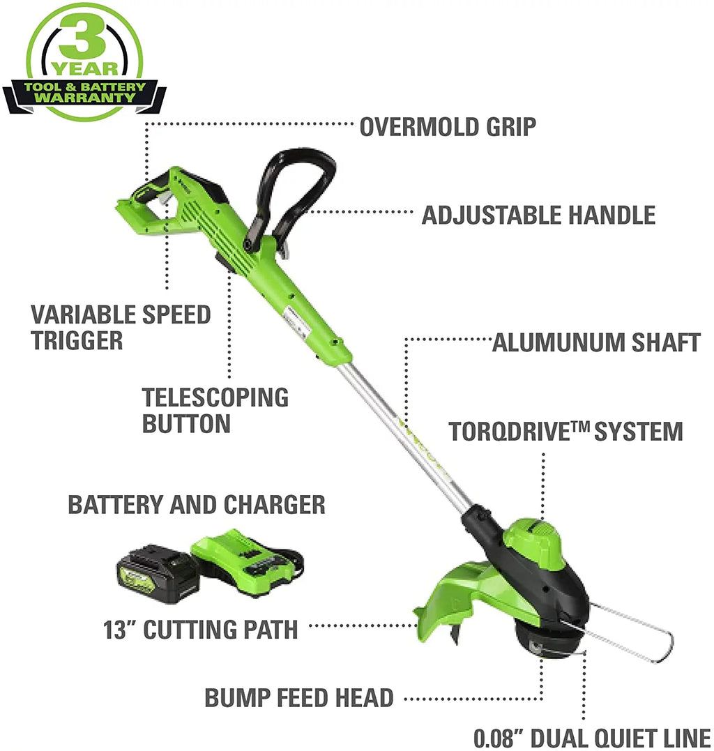 Greenworks 24V 13" Brushless Torqdrive™ String Trimmer with 4Ah USB Battery and Charger 2118202AZ