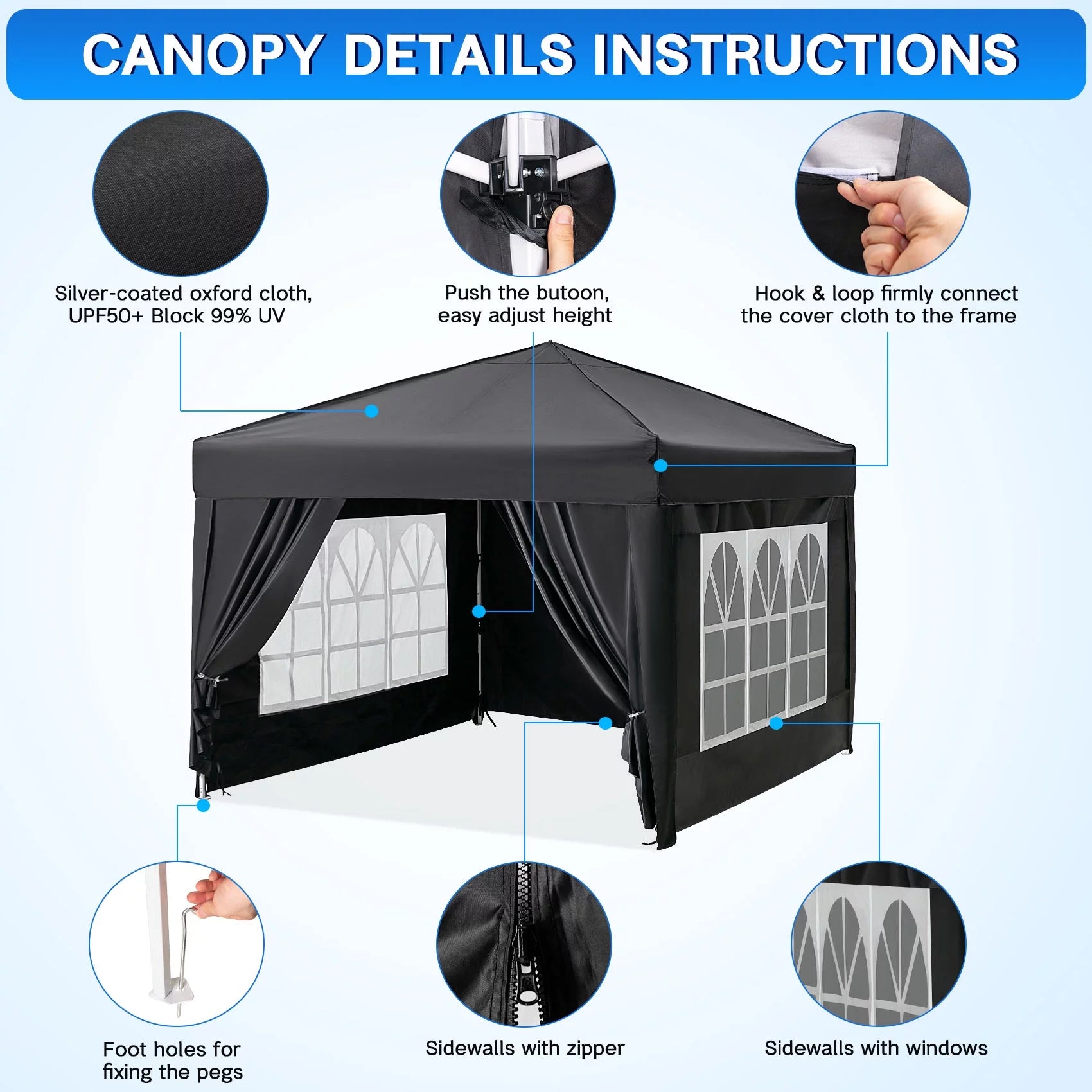 Suteck 10x10 FT Pop Up Canopy Tent with Sidewalls,Outdoor Waterproof Canopy Tents for Backyard Parties,Outside Instant Commercial Enclosed Gazebo Tent with 4 Weight Bags,Black