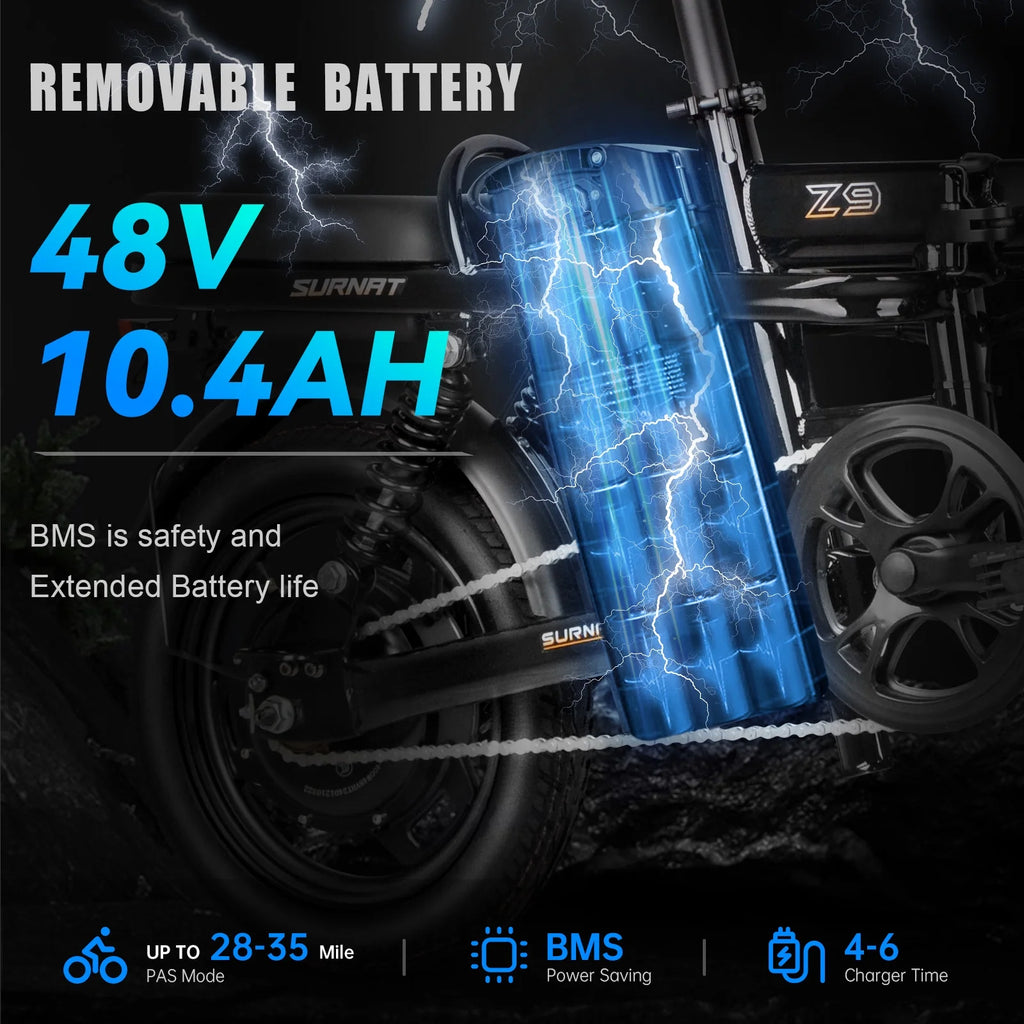 SURNAT Z9 Folding Electric Bike Full Suspension 400W (Peak 600W) 48V 13Ah Removable Battery 23MPH 14" x 2.1 Fat Tire ebikes Commuter Electric Bicycle