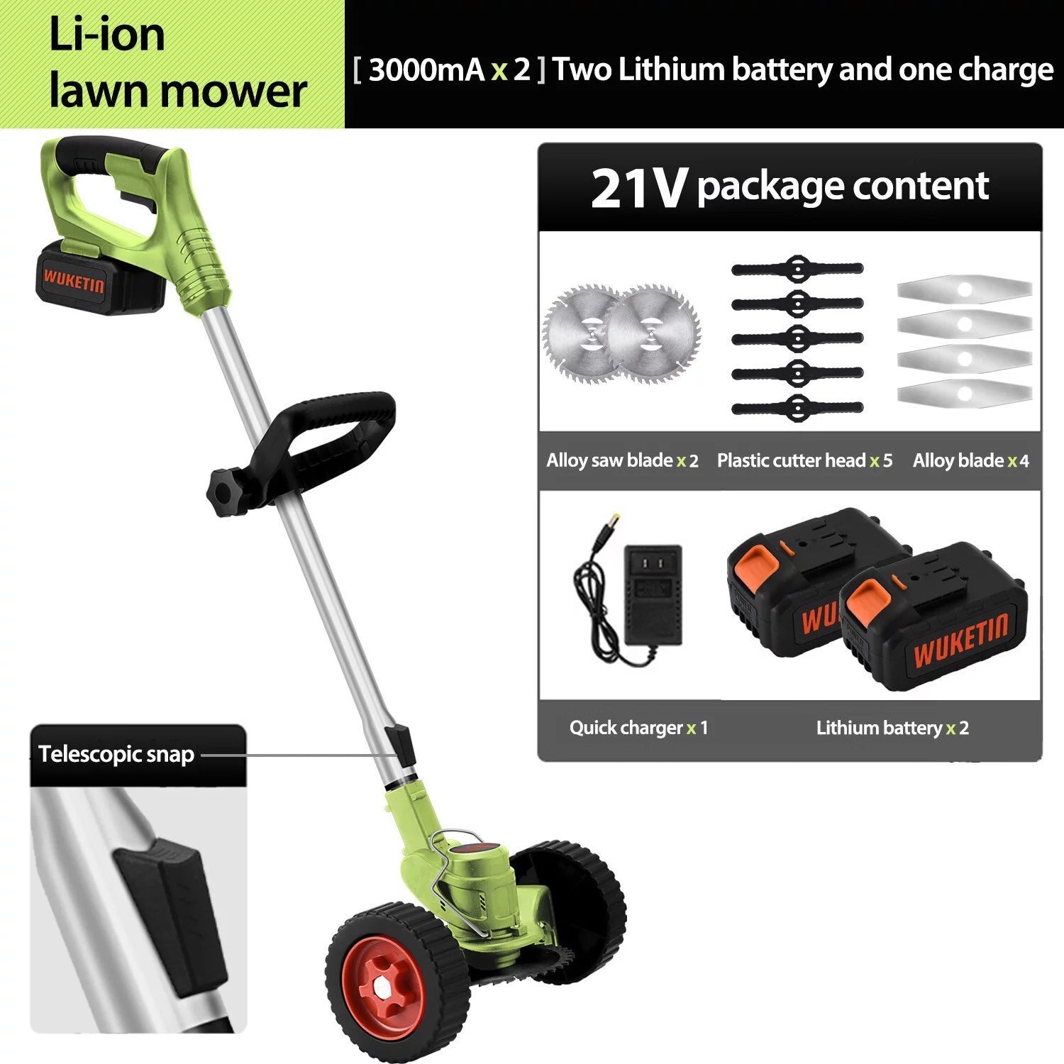 WUKETIN Cordless Grass String Trimmer, Lightweight Weed Eater, 21V Electric Lawn Edger with 2 Battery, Wheel, 11 Blades