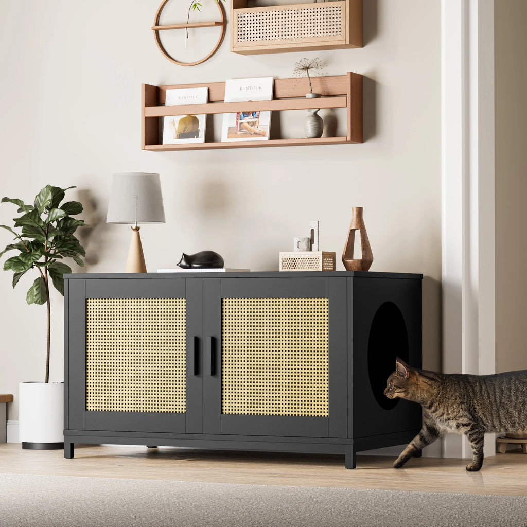 Cozy Castle Hidden Cat Litter Box Enclosure, Rattan Cat Litter Box Furniture with Doors, Indoor Cat House for Large Cats, Wood Pet Washroom, Pet Cabinet Furniture as TV Stand, Storage Cabinet, Black