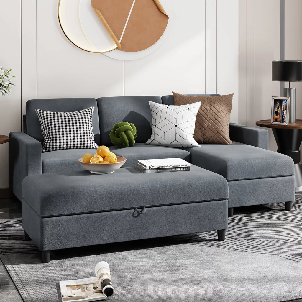 Walsunny Linen Fabric Convertible L-Shaped Sectional Sofa(Dark Gray)