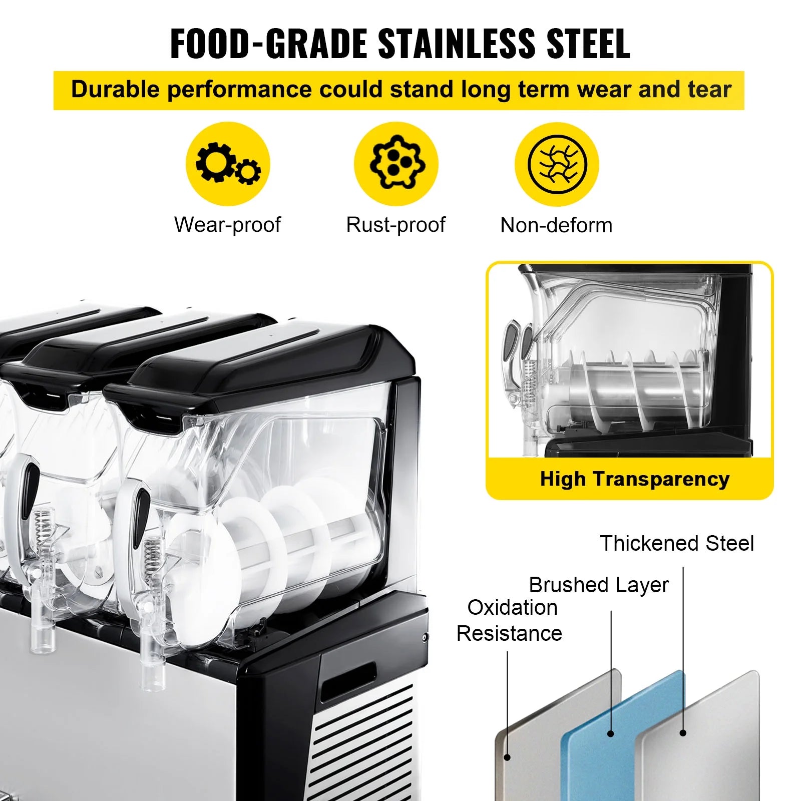 VEVORbrand 110V Commercial Slushy Machine 10L x 3 Tank Frozen Drink Machine 1250W Commercial Margarita Machine Stainless Steel Suitable, Silver