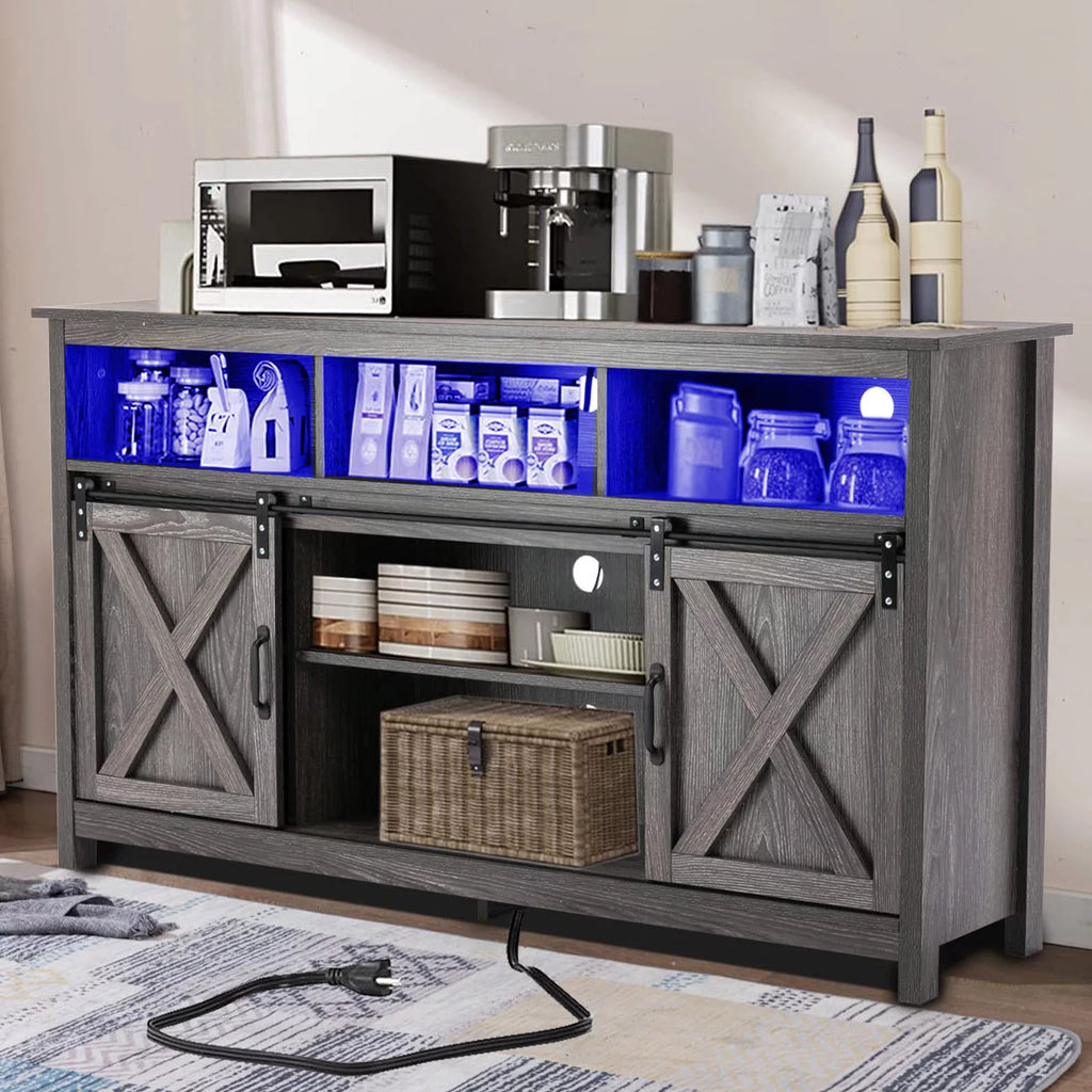 4 Layer Farmhouse Coffee Bar Cabinet With Power Outlet & LED Light, 57" Barn Door Buffet Cabinet Kitchen Storage With Adjustable Shelves(Brown)