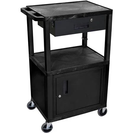 Luxor 42"H AV Cart - 3 Shelves, Cab, Drawer - Black