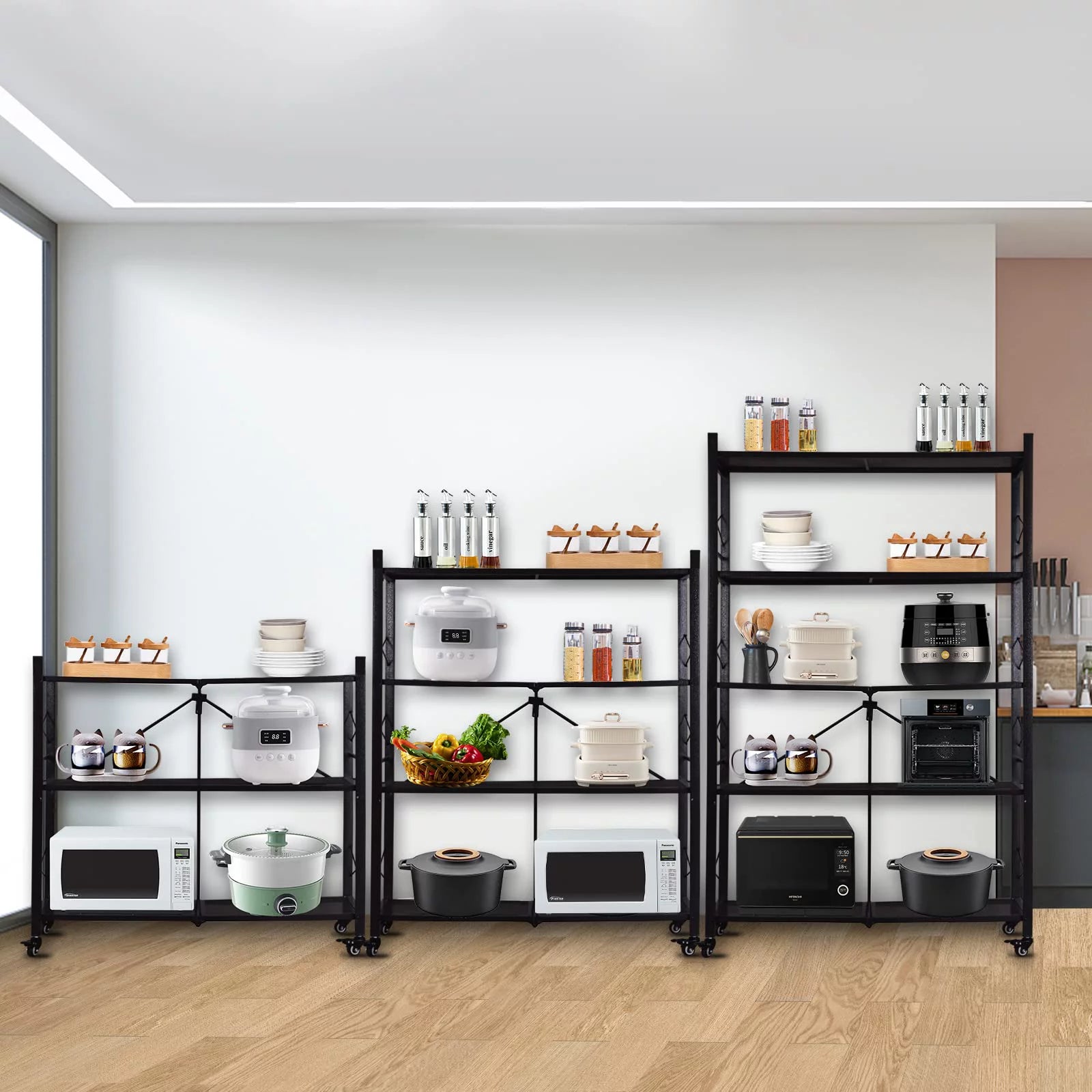 Grezone Two Set 5 Tier Foldable Shelves Metal Storage Shelves with Wheels - No Assembly Adult Group