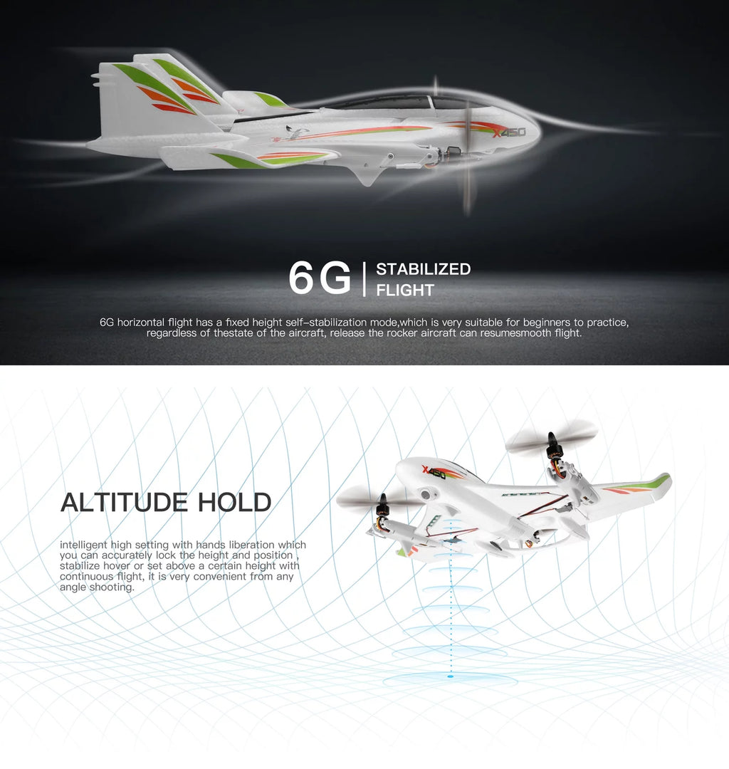 TOPTENG WLtoys XK X450 RC Airplane, 2.4G Remote Control 6 Channel Brushless Motor Aircraft, Vertical Takeoff LED RC Glider Fixed Wing Plane RTF