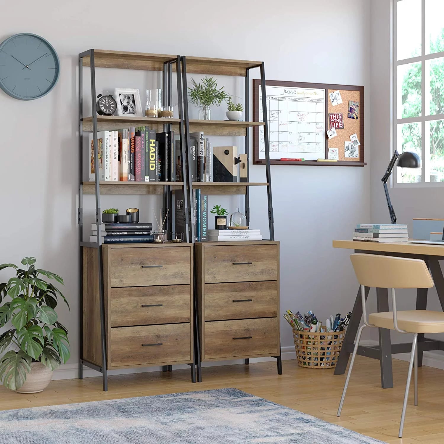 Homfa 3 Drawers Ladder Bookshelf, 3 Tier Open Storage Shelves for Office Living Room, Rustic Brown